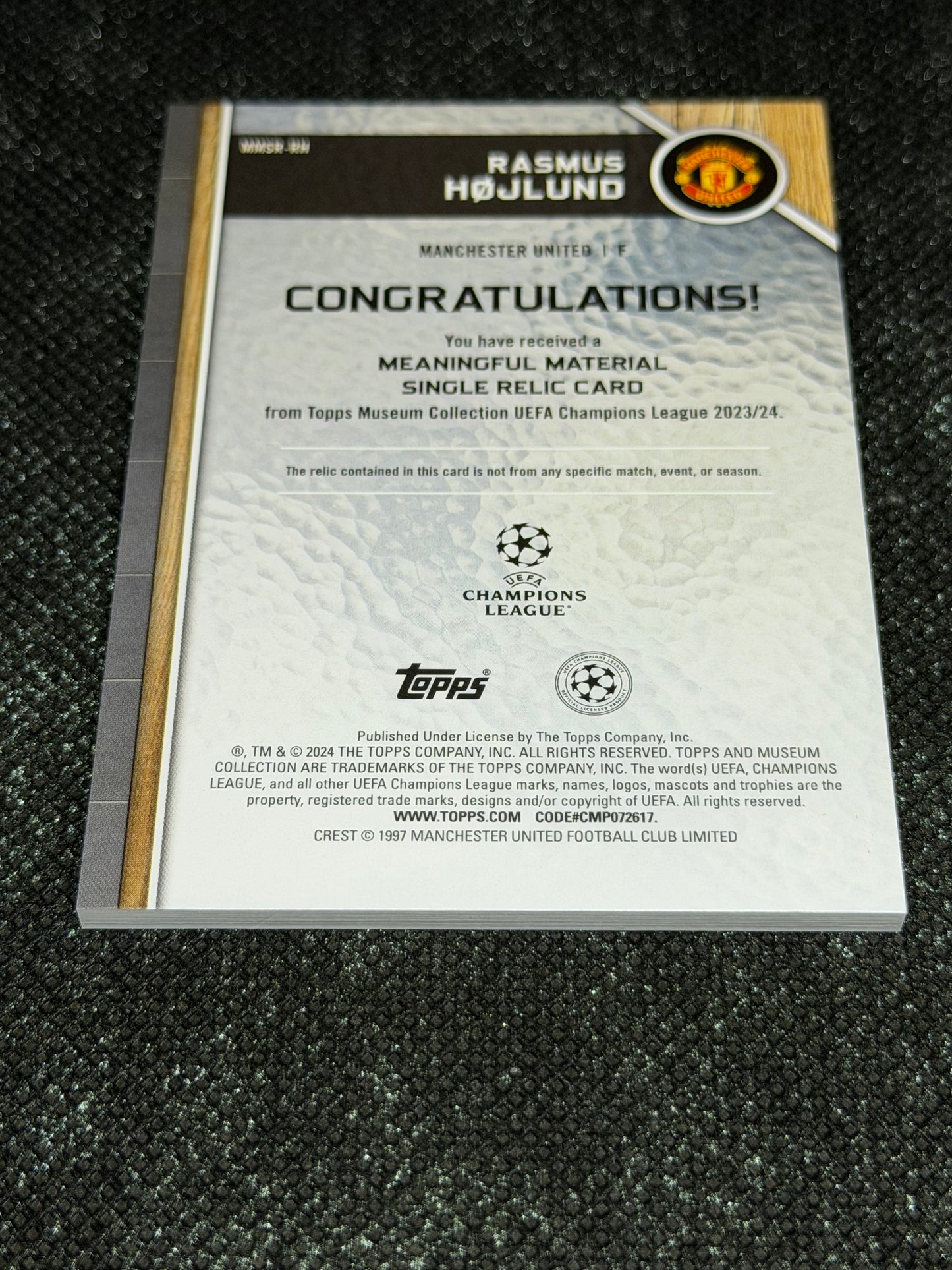 2024-25 Topps Museum Collection UEFA Club Competitions Meaningful Materials Relic Card 08/75 - Rasmus Hojlund