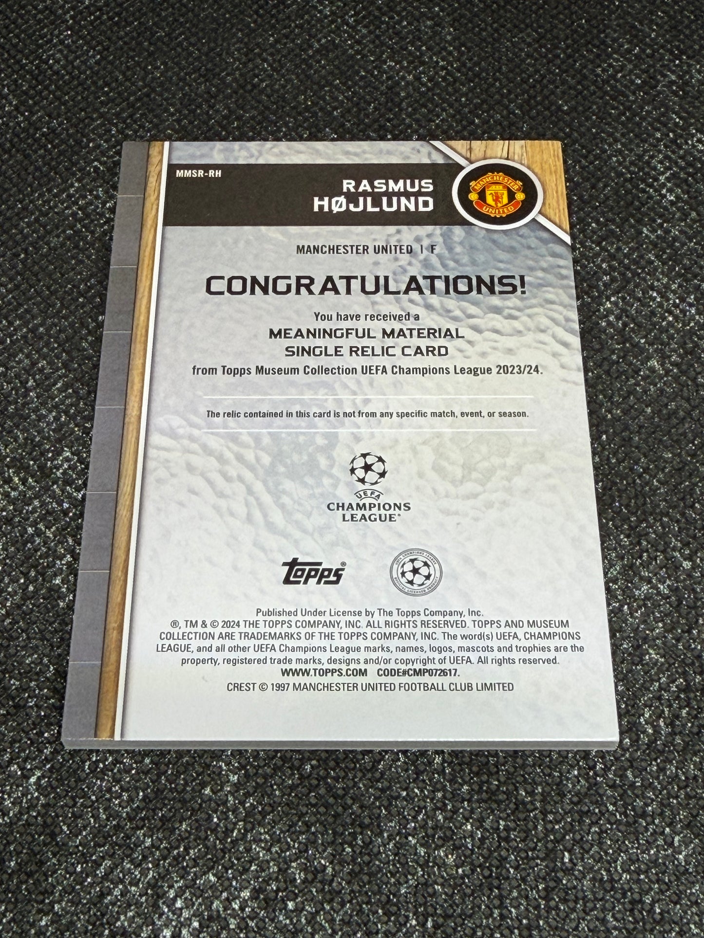 2024-25 Topps Museum Collection UEFA Club Competitions Meaningful Materials Relic Card 10/25- Rasmus Hojlund