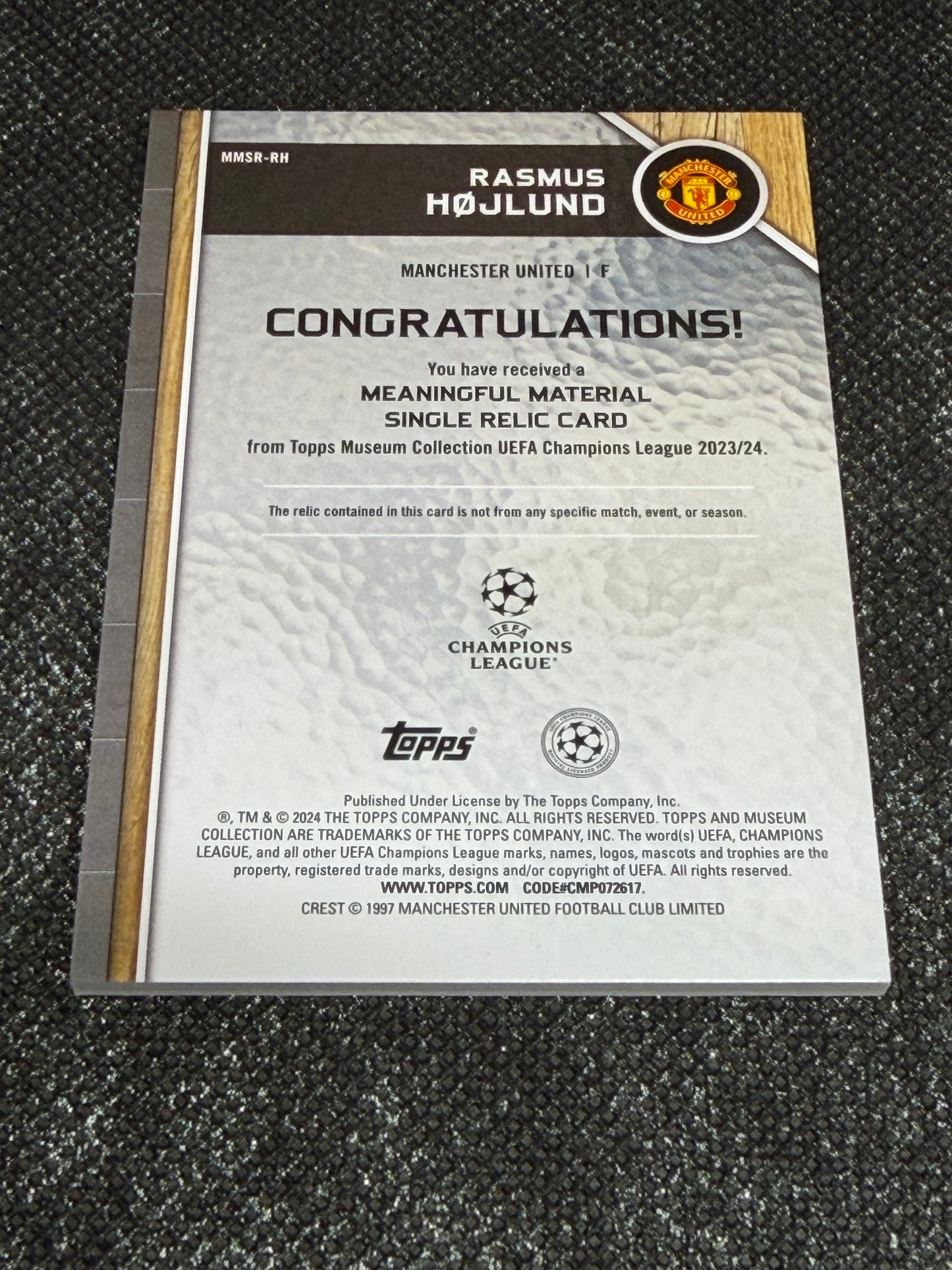 2024-25 Topps Museum Collection UEFA Club Competitions Meaningful Materials Relic Card 284/299 - Rasmus Hojlund