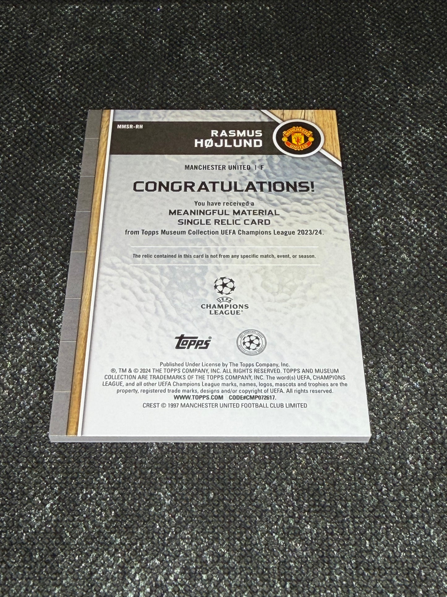 2024-25 Topps Museum Collection UEFA Club Competitions Meaningful Materials Relic Card (150/150 = 1/1) - Rasmus Hojlund