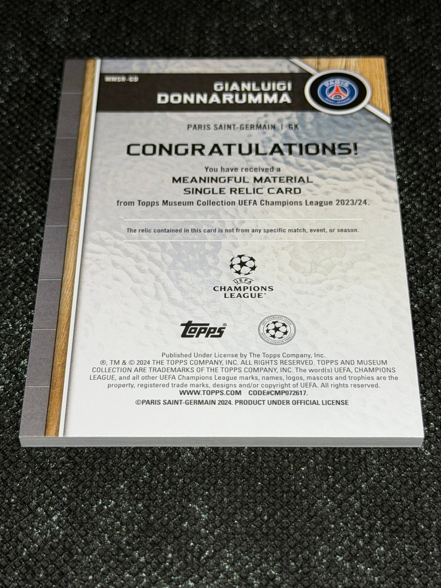 2024-25 Topps Museum Collection UEFA Club Competitions Meaningful Material Relic Card 29/50 - Gianluigi Donnarumma
