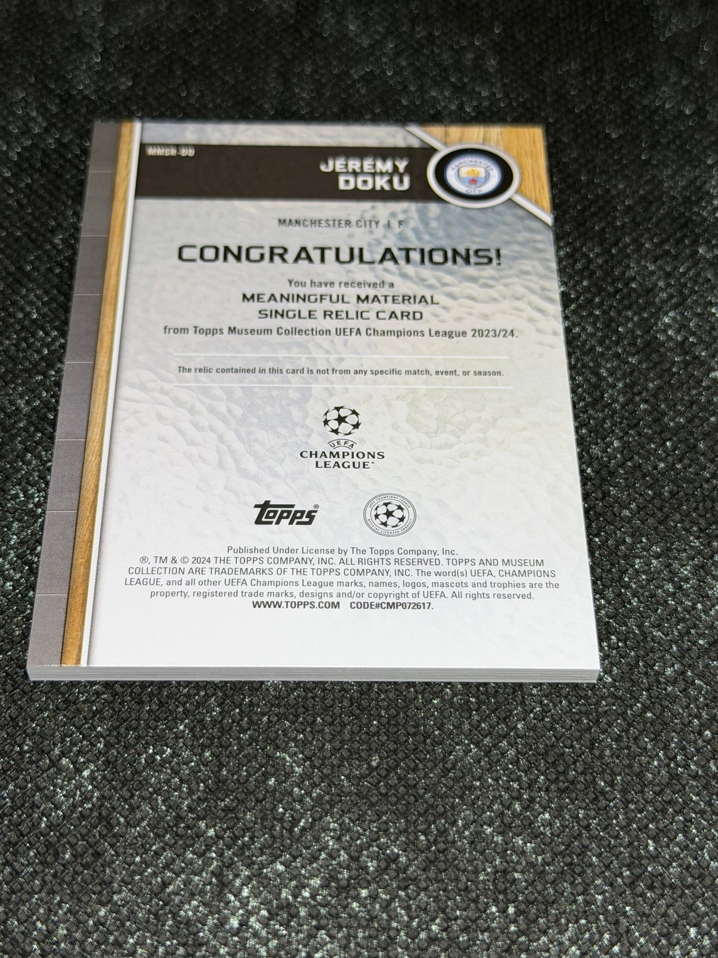 2024-25 Topps Museum Collection UEFA Club Competitions Meaningful Materials Relic Card 58/99 - Jeremy Doku