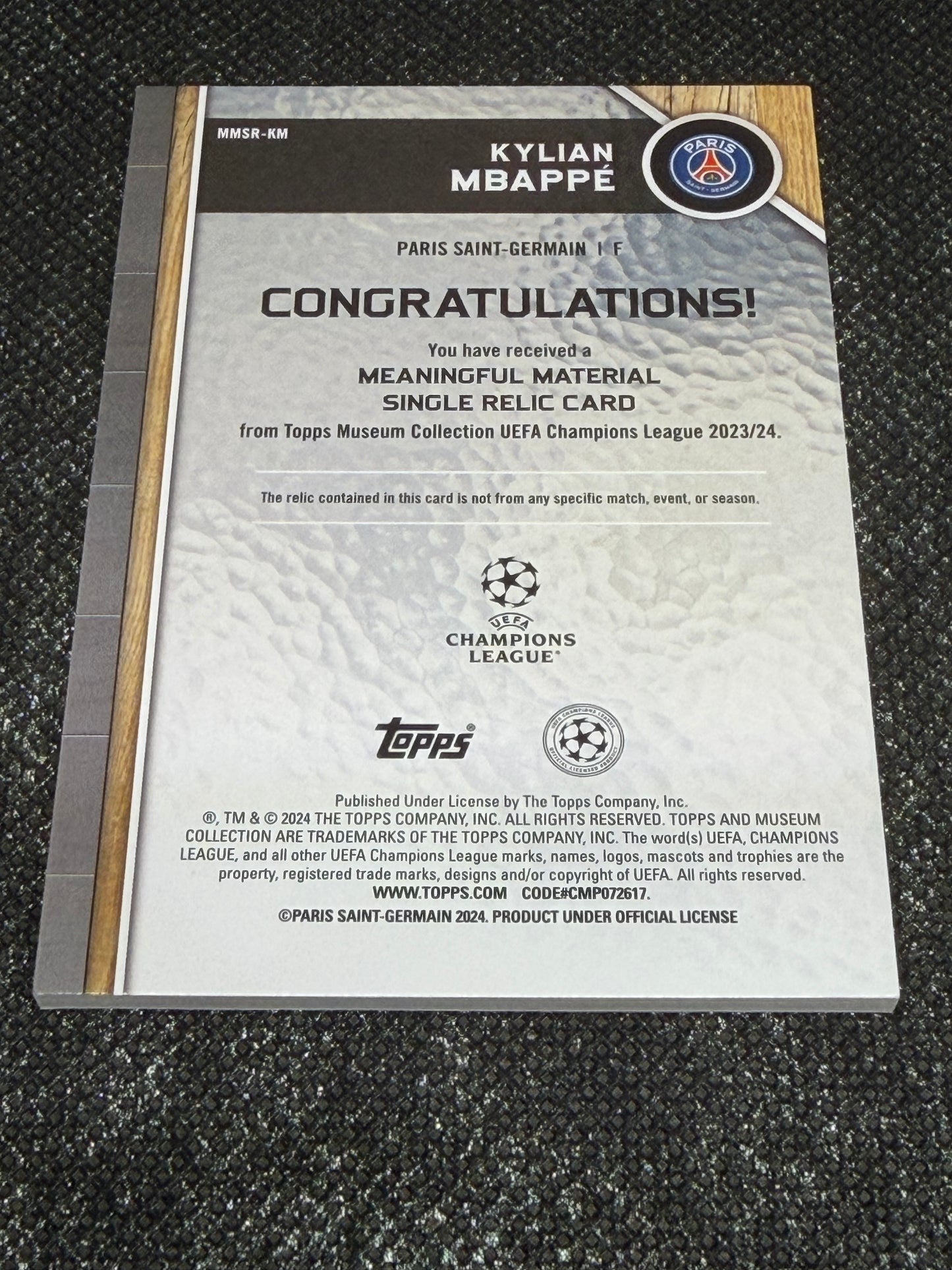 2023-24 Topps Museum Collection UEFA Champion League Meaningful Material Single Relic Card 06/10 - Kylian Mbappe