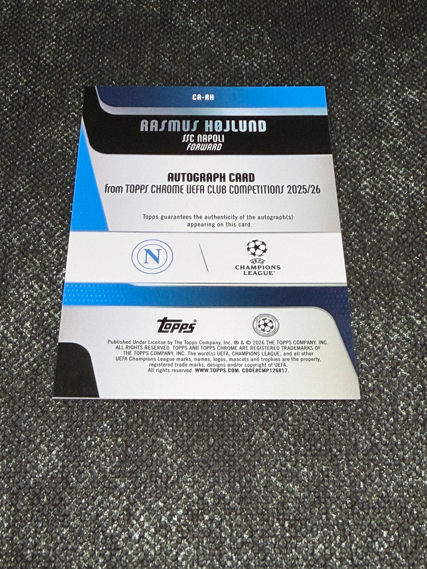 2025-26 Topps Chrome UEFA Club Competitions Green Autograph Card 85/99 - Rasmus Hojlund