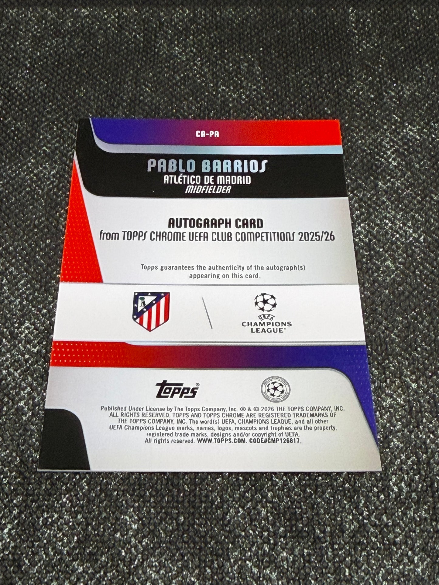 2025-26 Topps Chrome UEFA Club Competitions Autograph Card Purple 09/75 - Pablo Barrios
