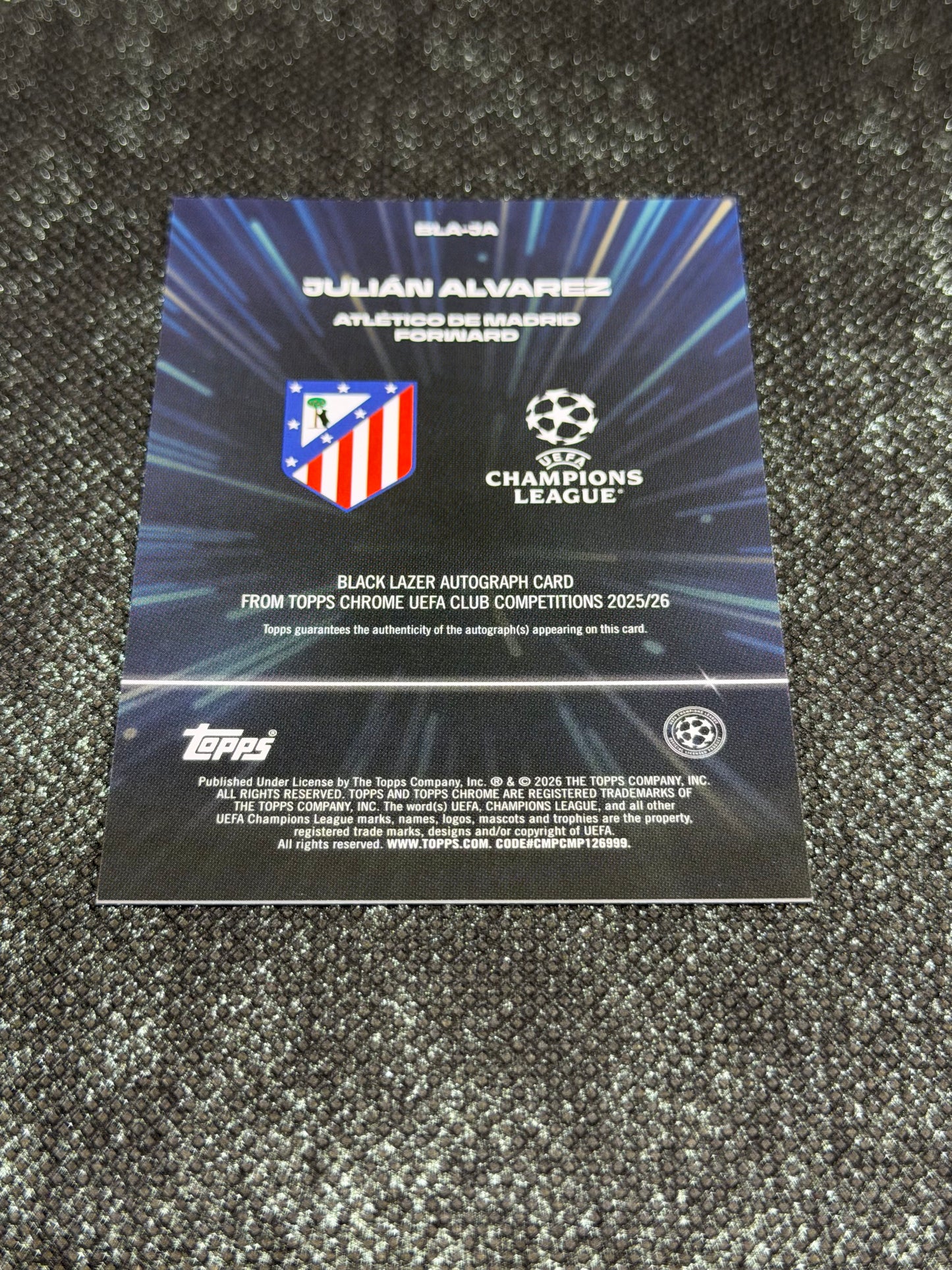 2025-26 Topps Chrome UEFA Club Competitions Black Lazer Autograph Card - Julian Alvarez
