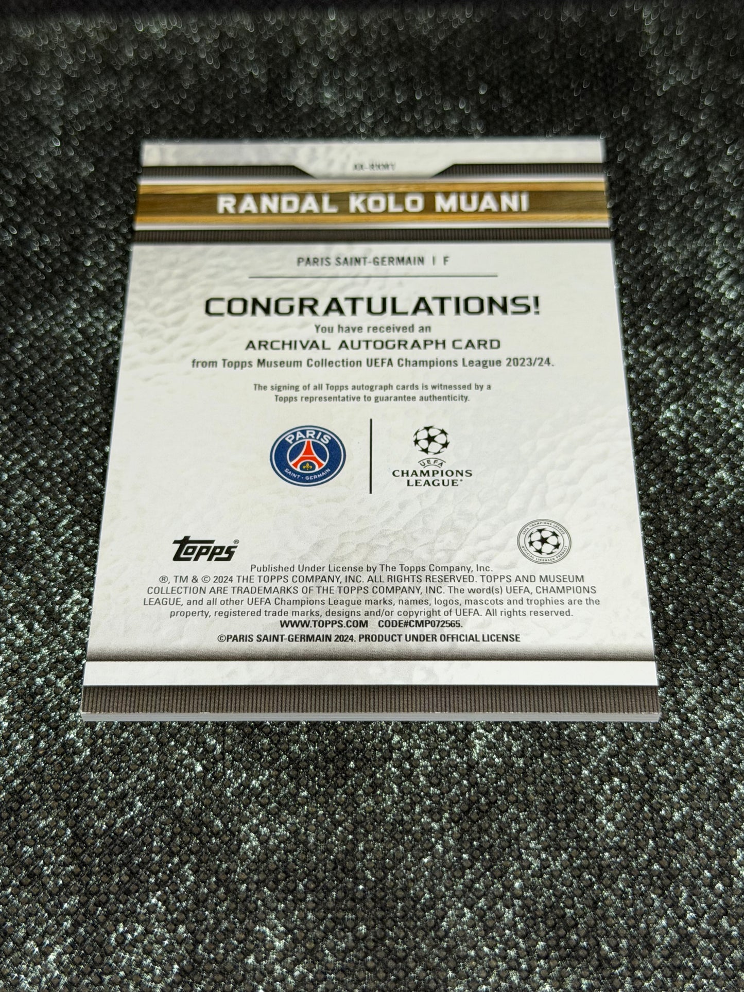 2023-24 Topps Museum Collection UEFA Champions League Archival Autograph Card Teal 05/75 - Randal Kolo Muani