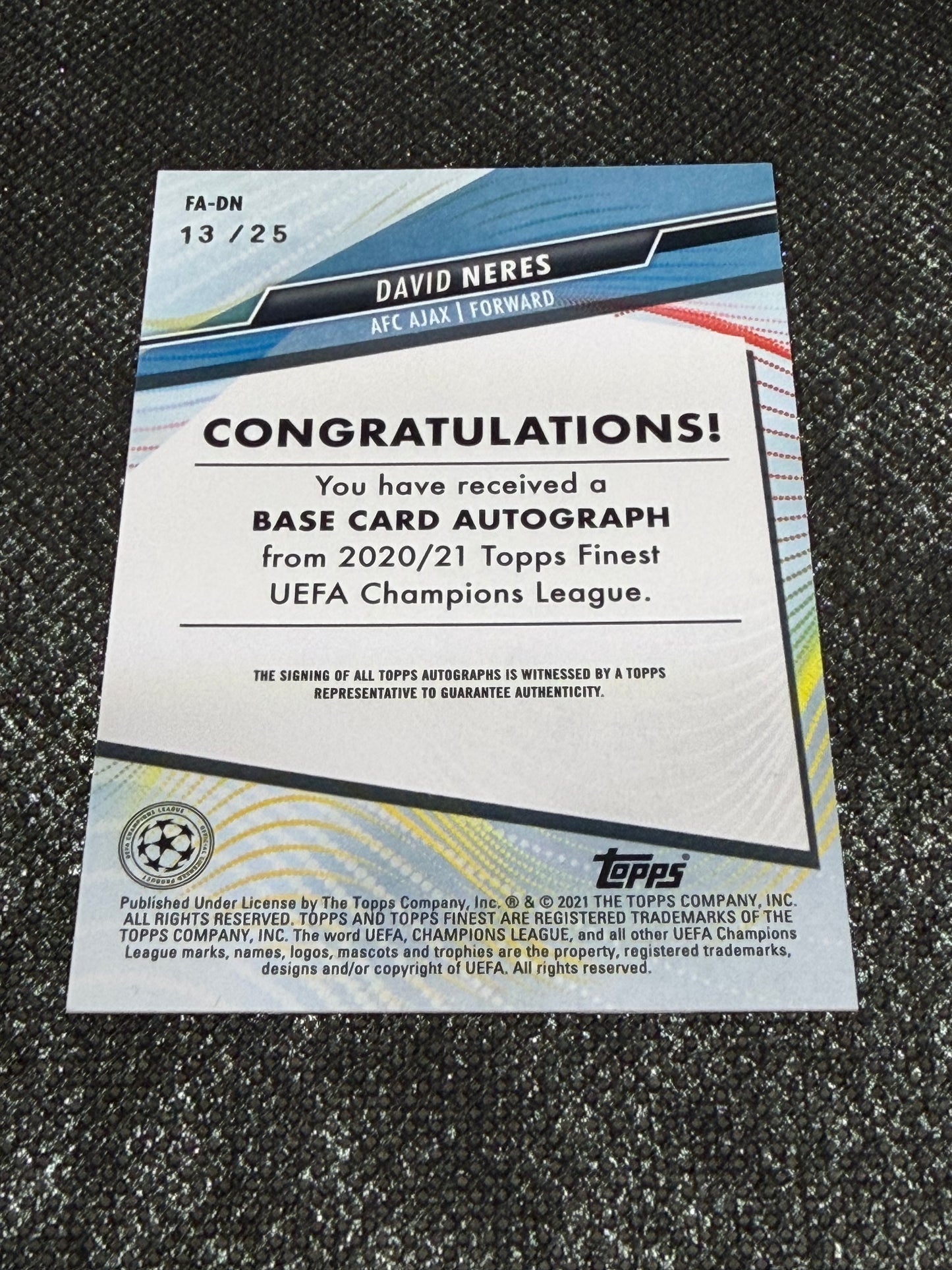 2020-21 Topps Finest UEFA Champions League Base Card Autograph Orange 13/25 - David Neres