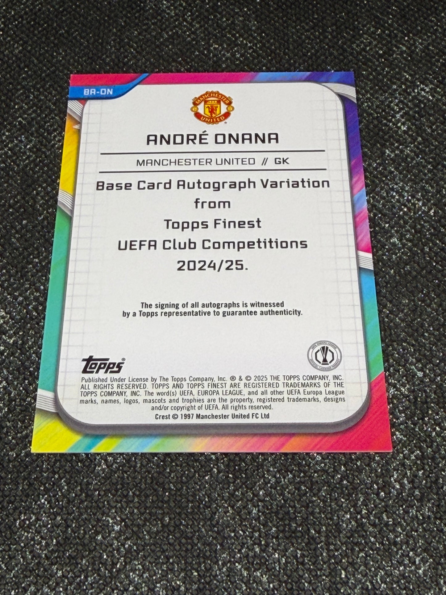 2024-25 Topps Finest UEFA Club Competitions Base Autograph Card Variation Blue 107/150 - Andre Onana
