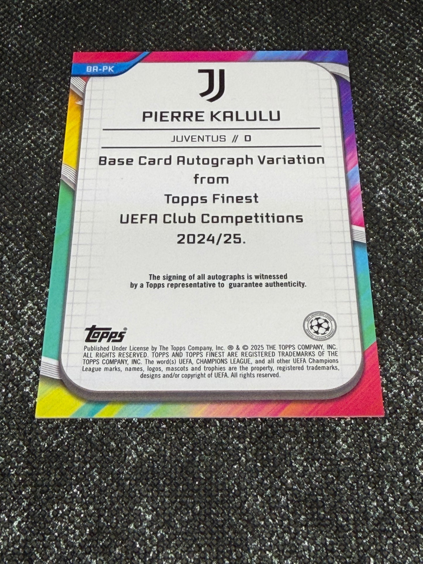 2024-25 Topps Finest UEFA Club Competitions Base Card Autograph Variation Purple 062/199 - Pierre Kalulu