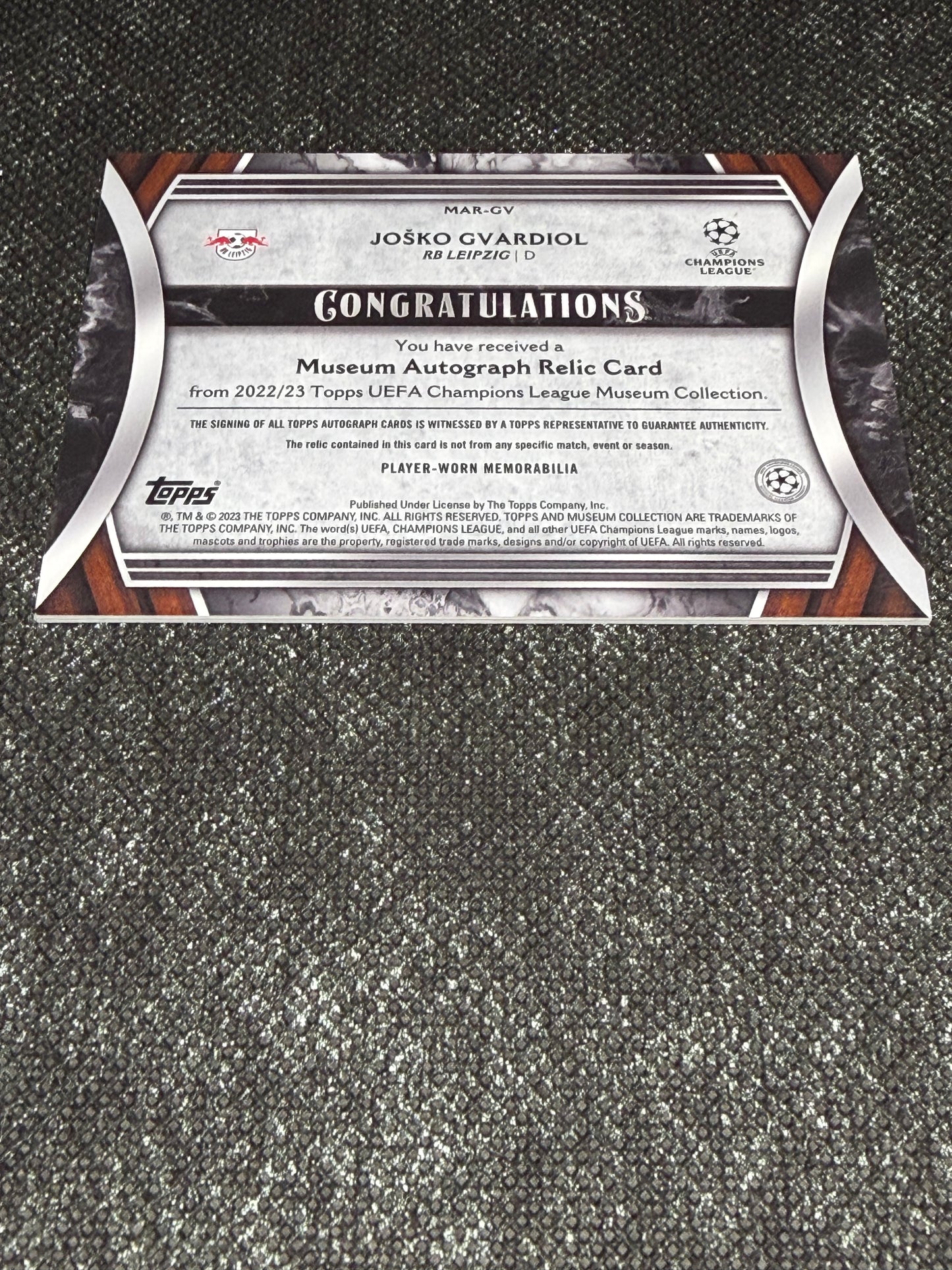 2022-23 Topps UEFA Champions League Museum Collection Museum Autograph Relic Card 049/299 - Josko Gvardiol