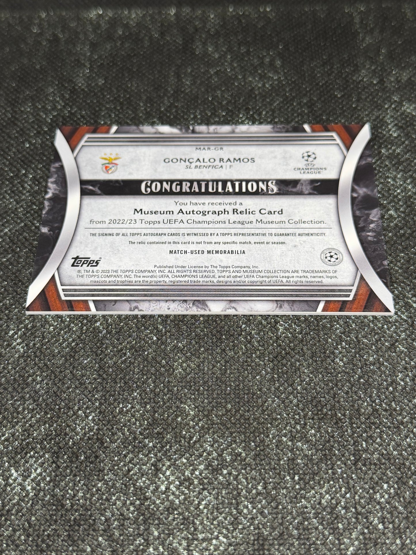 2022-23 Topps UEFA Champions League Museum Collection Autograph Relic Card 075/299 - Goncalo Ramos