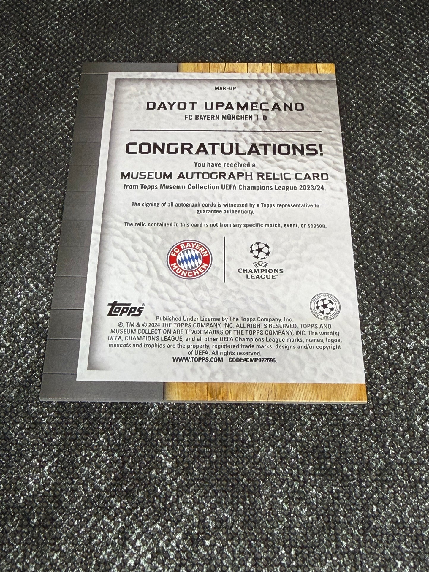 2023-24 Topps Museum Collection UEFA Champions League Autograph Relic Card 28/75 - Dayot Upamecano