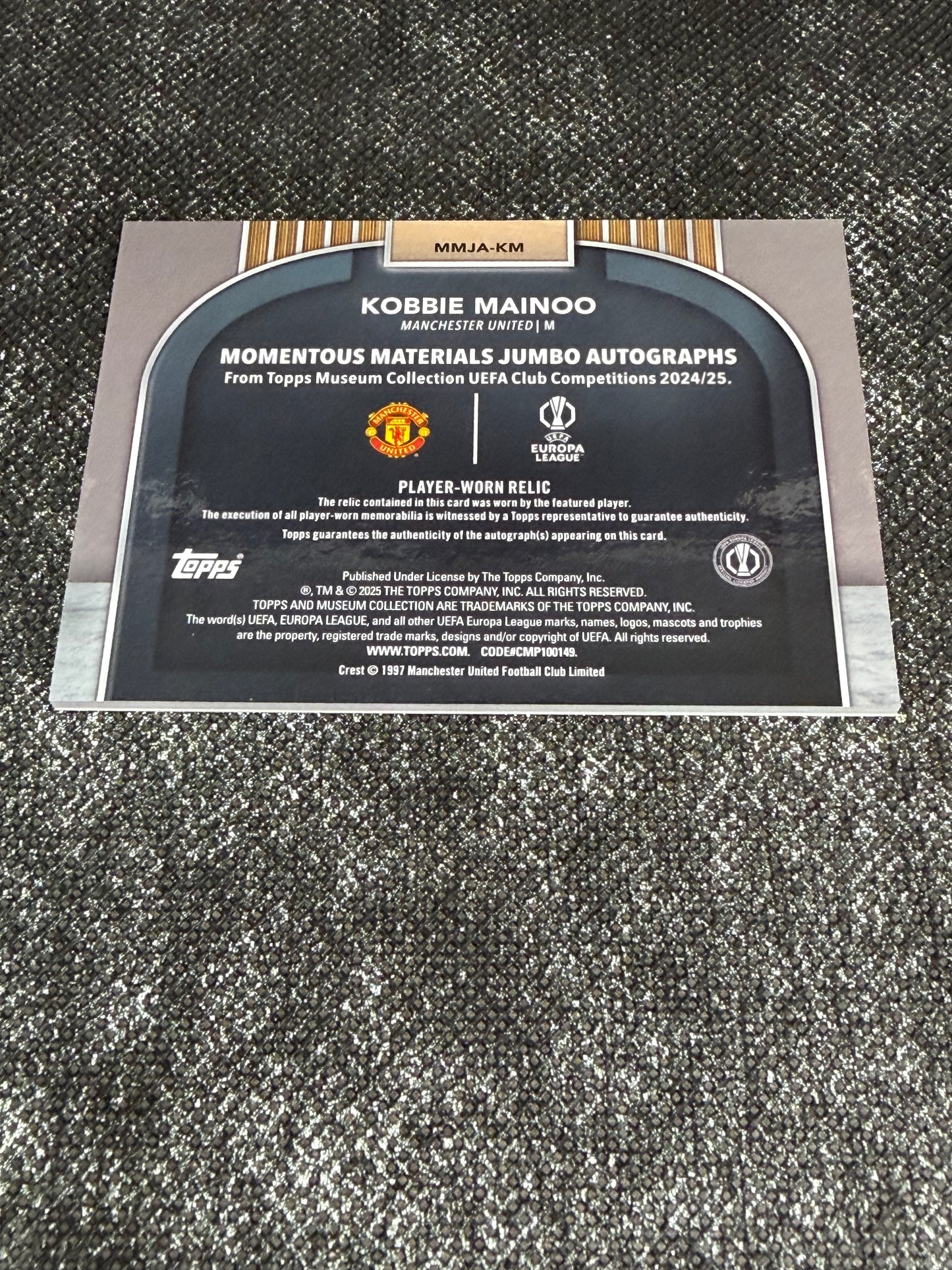 2024-25 Topps Museum Collection UEFA Club Competitions Momentous Materials Jumbo Autograph 30/50 - Kobbie Mainoo