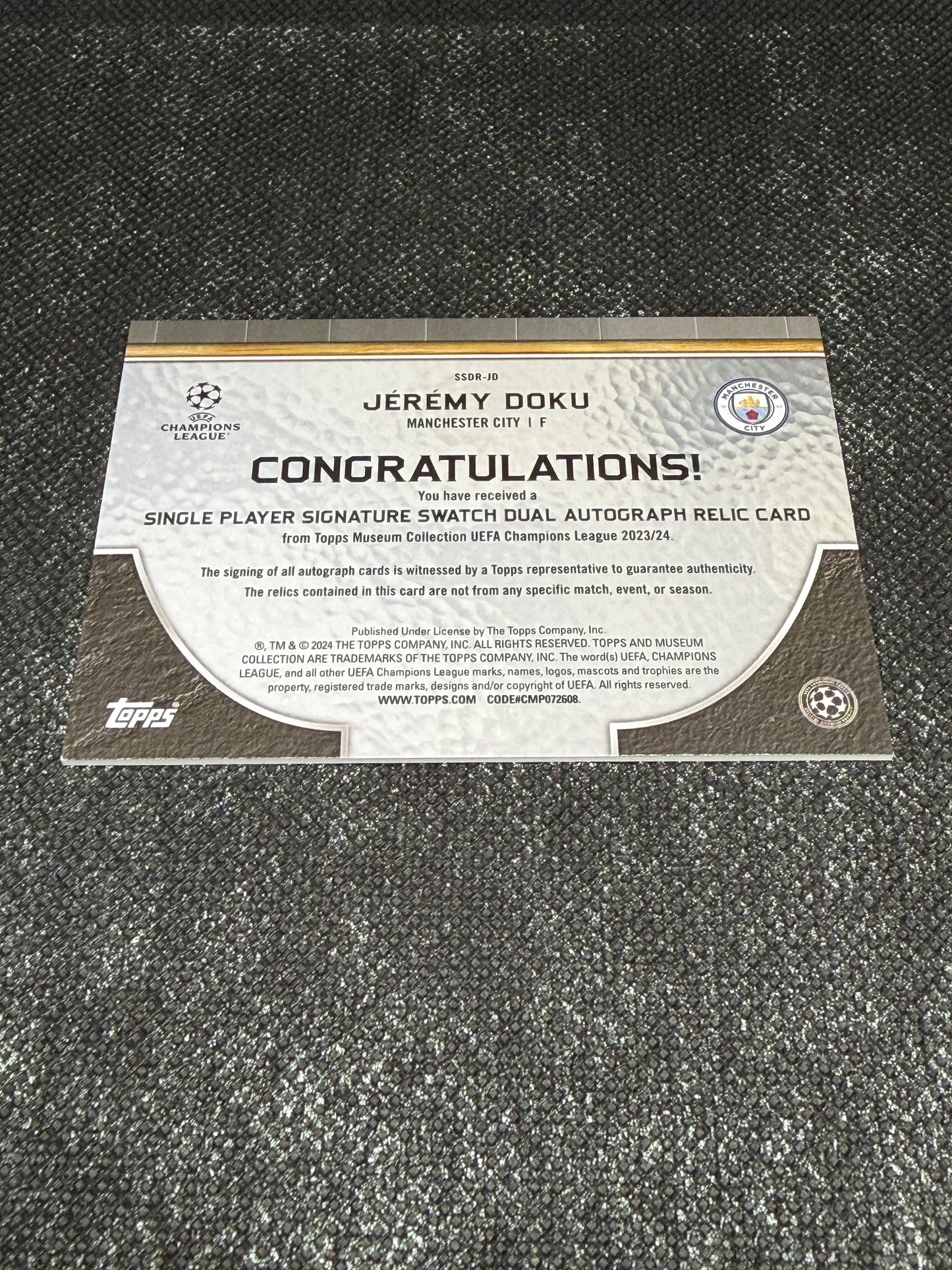 2023-24 Topps Museum Collection UEFA Champions League Autograph Relic Card 47/99 - Jeremy Doku