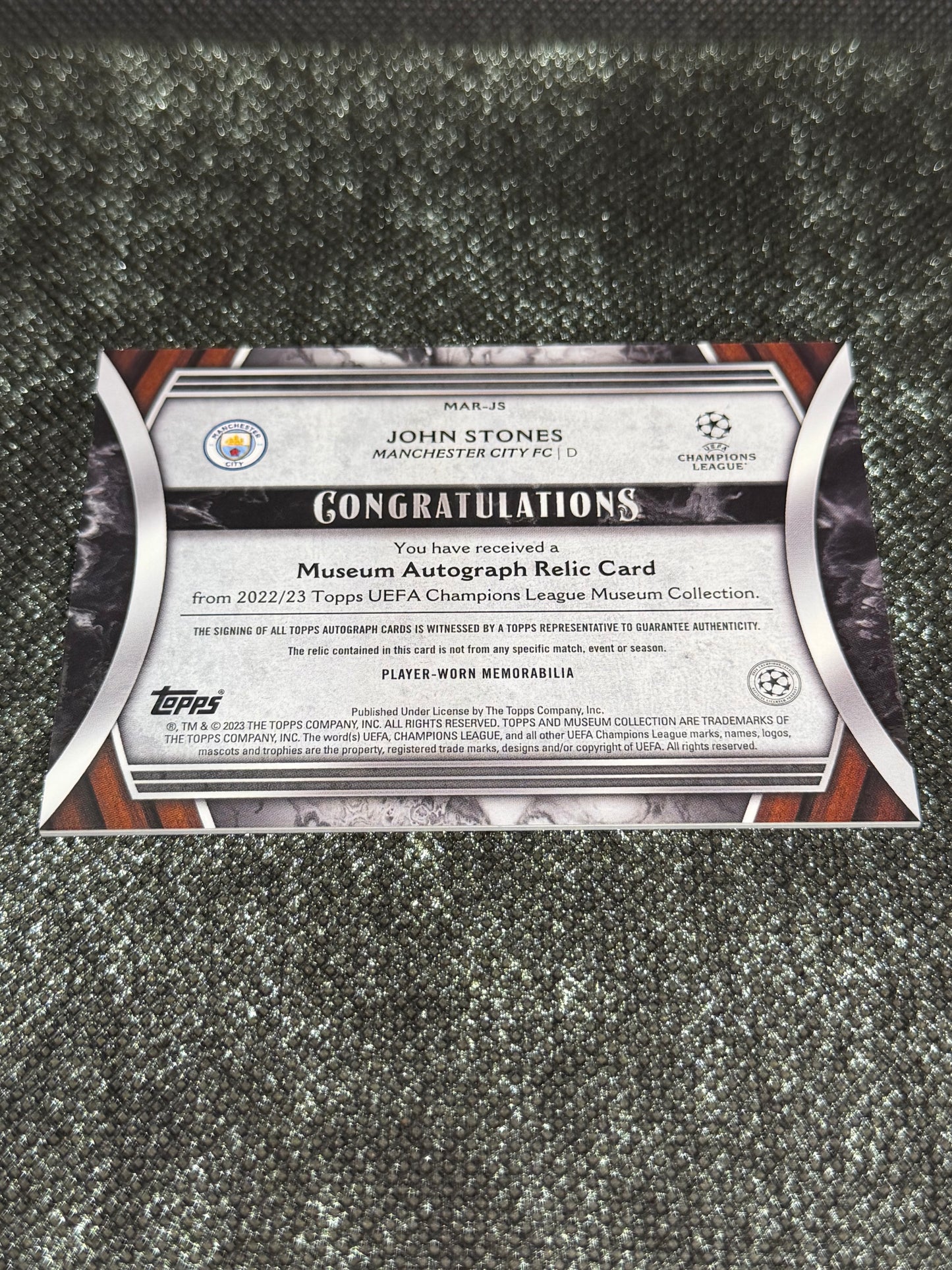 2022-23 Topps Museum Collection UEFA Champions League Autograph Relic Card 272/299 - John Stones