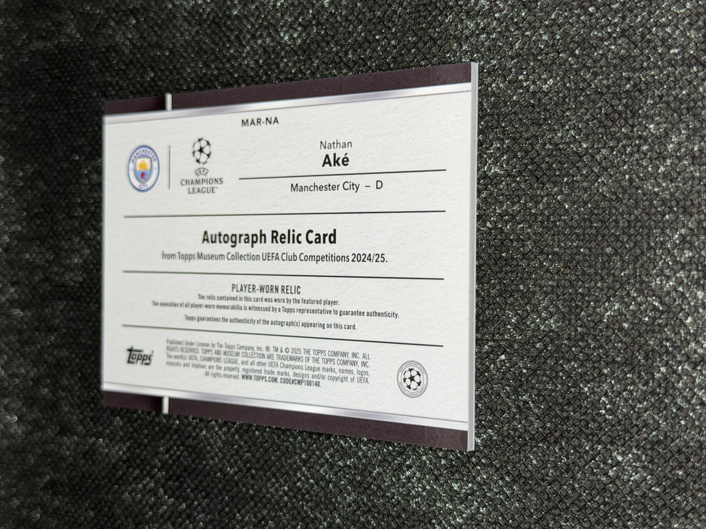 2024-25 Topps Museum Collection UEFA Champions League Autograph Relic Card 139/199 - Nathan Ake