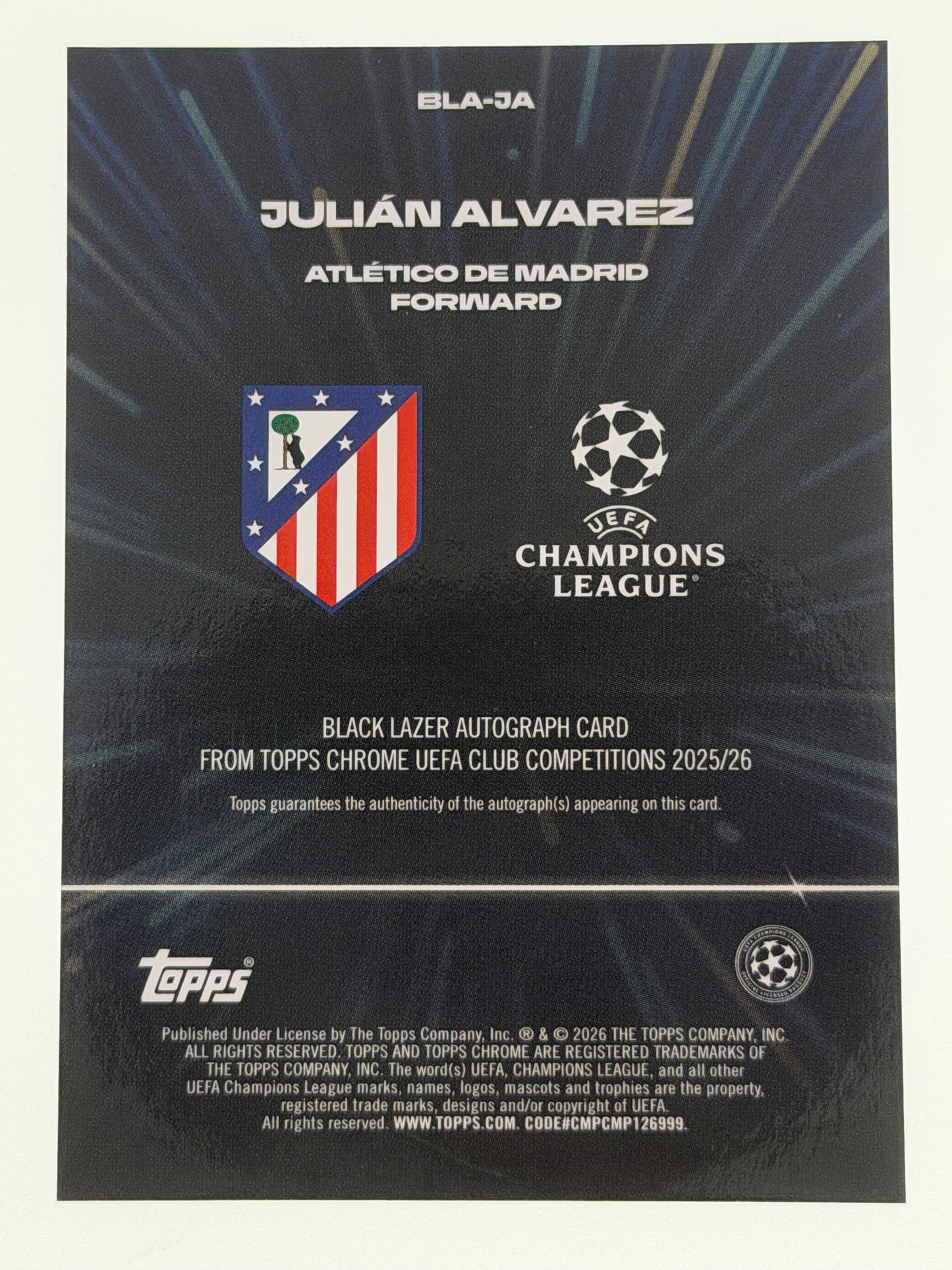2025-26 Topps Chrome UEFA Club Competitions Black Lazer Autograph Card Purple 30/75 - Julian Alvarez