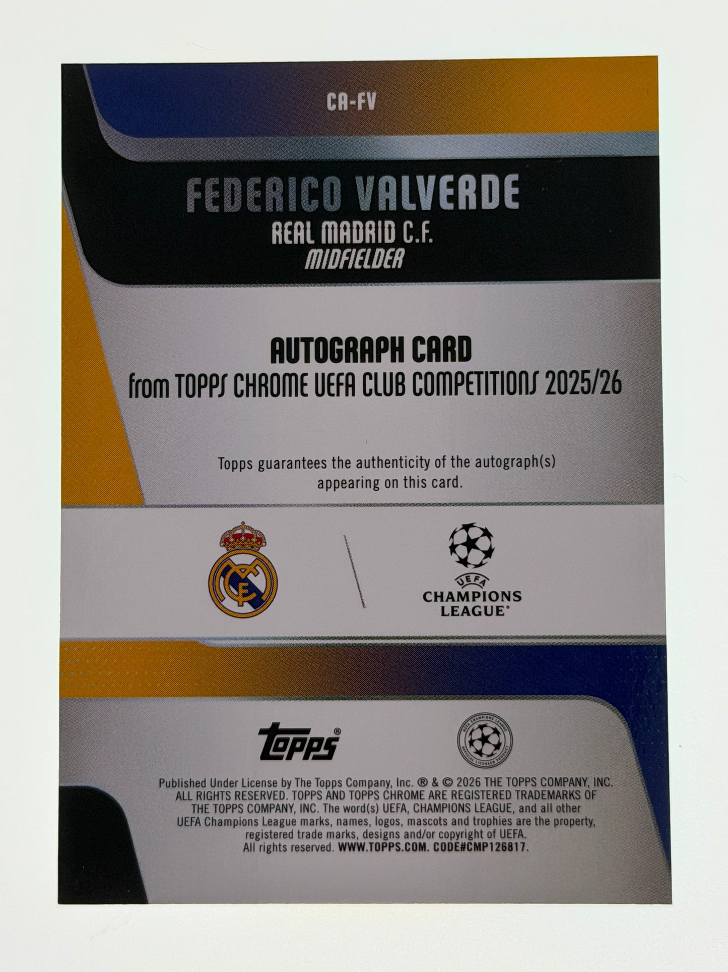 2025-26 Topps Chrome UEFA Club Competitions Autograph Card Teal Wave 126/199 - Frederico Valverde