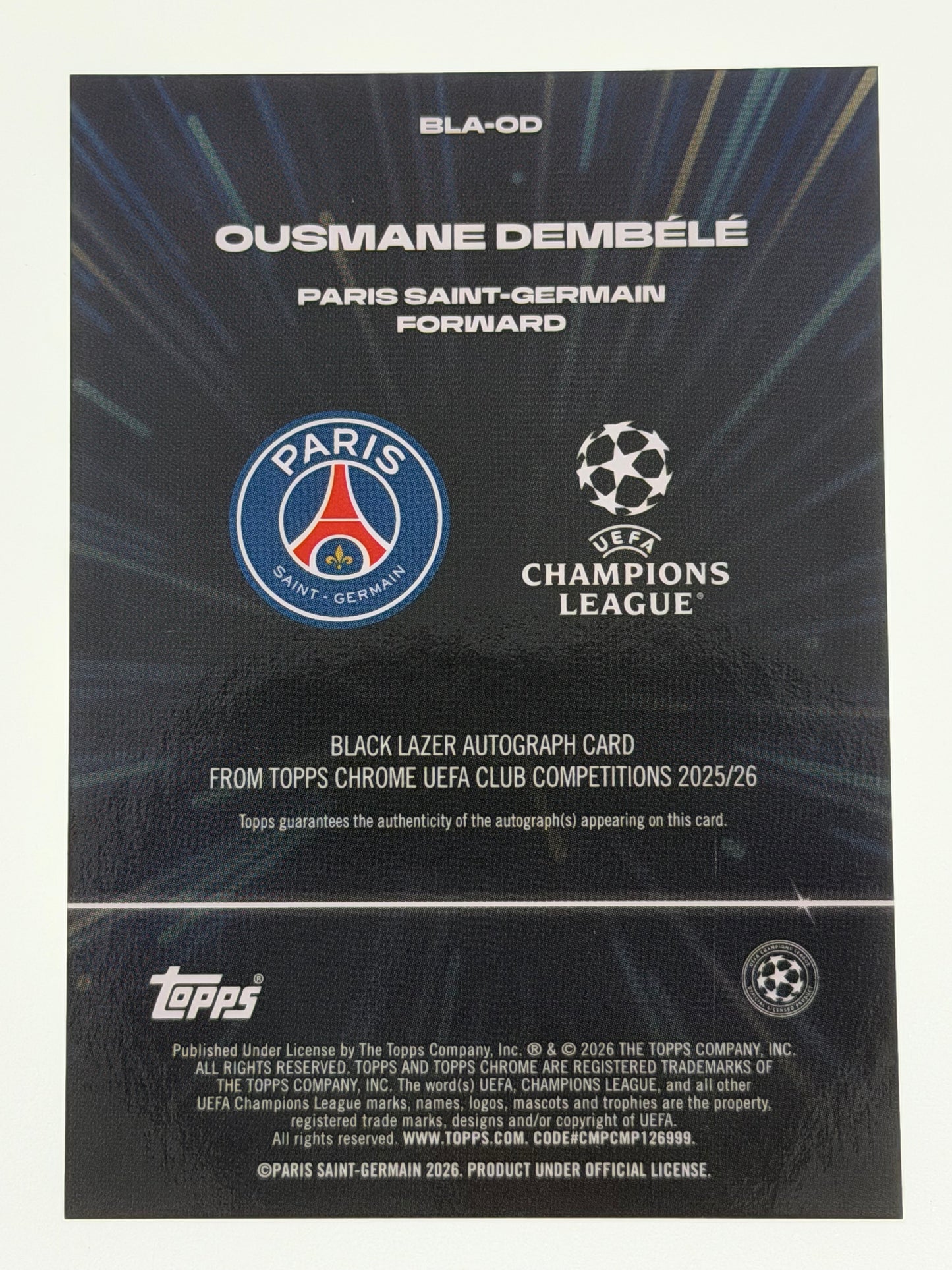 2025-26 Topps Chrome UEFA Club Competitions Black Lazer Autograph Card - Ousmane Dembele