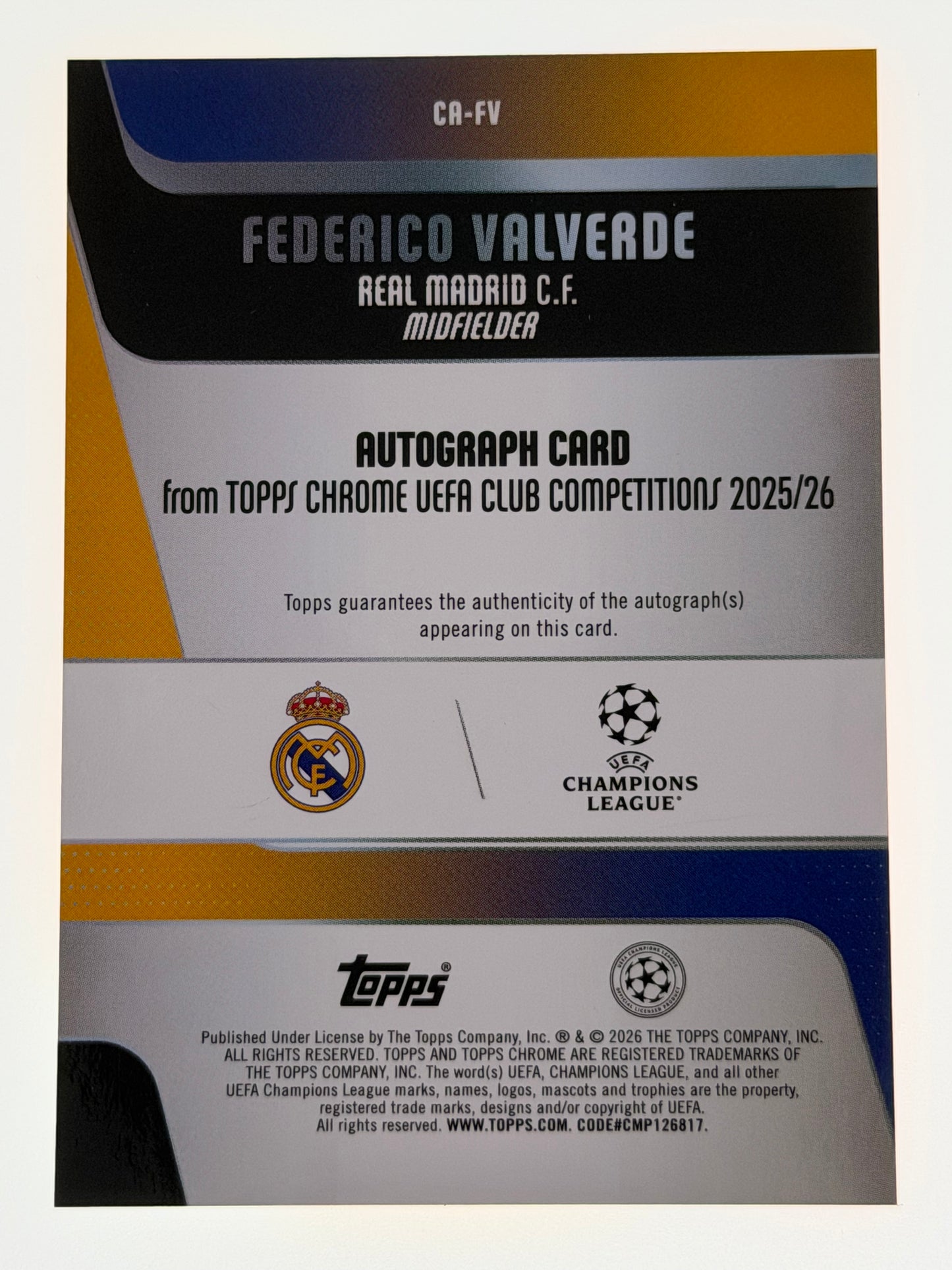2025-26 Topps Chrome UEFA Club Competitions Autograph Card Orange 20/25 - Frederico Valverde