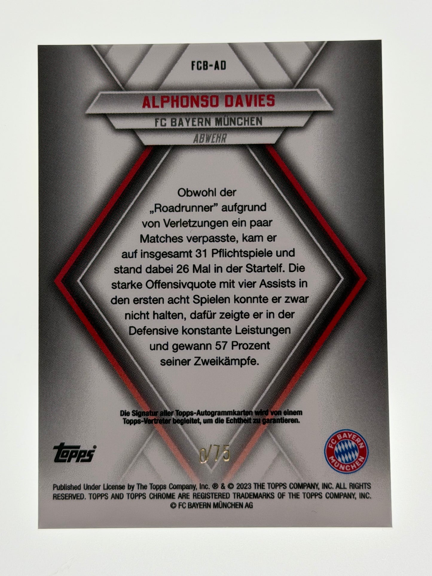 2023 Topps Chrome FC Bayern Munchen Team Set On-Card Autograph 20/75 - Alphonso Davies