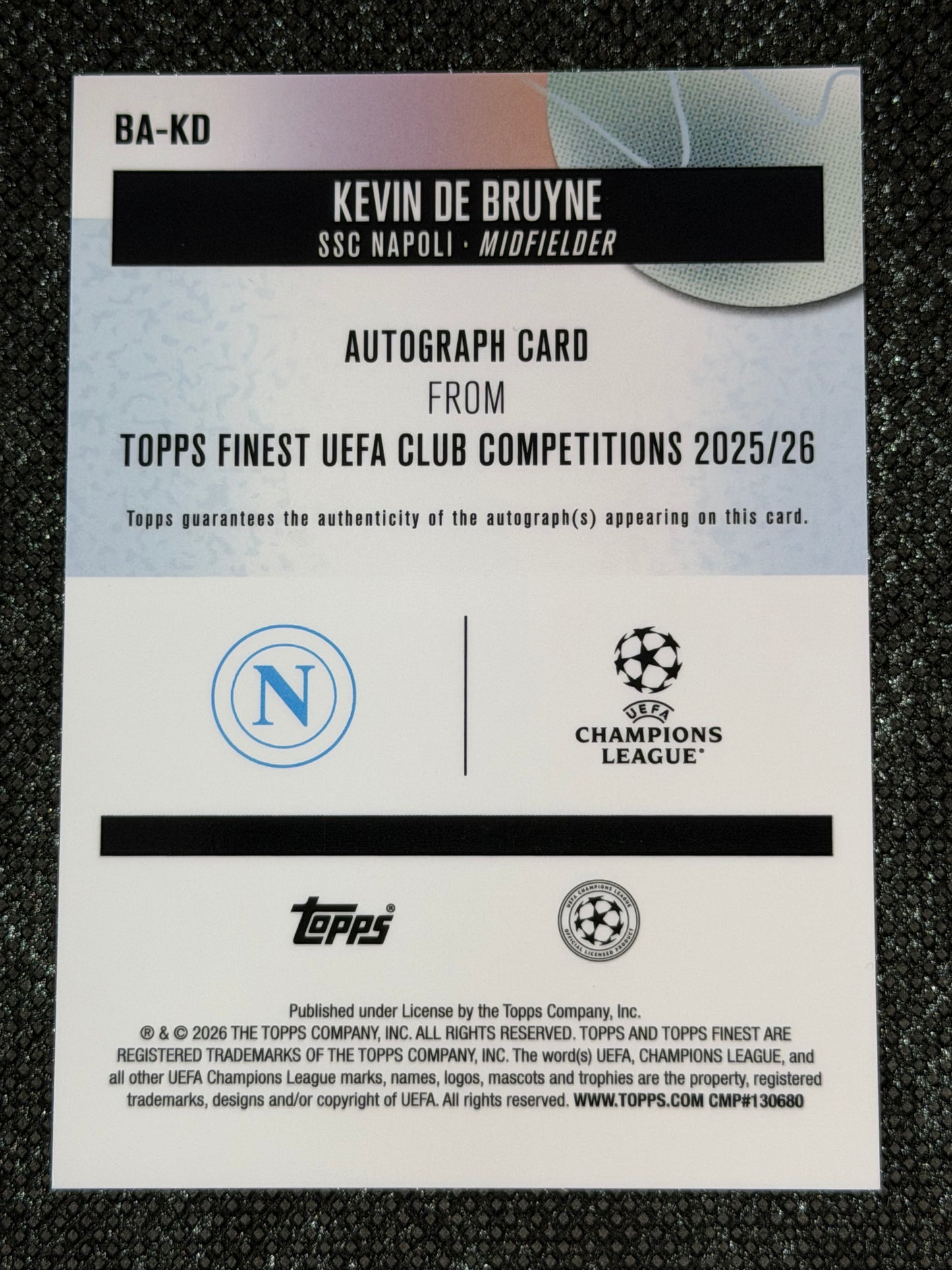 2025-26 Topps Finest UEFA Club Competitions Autograph Card Gold Wave 18/50 - Kevin De Bruyne