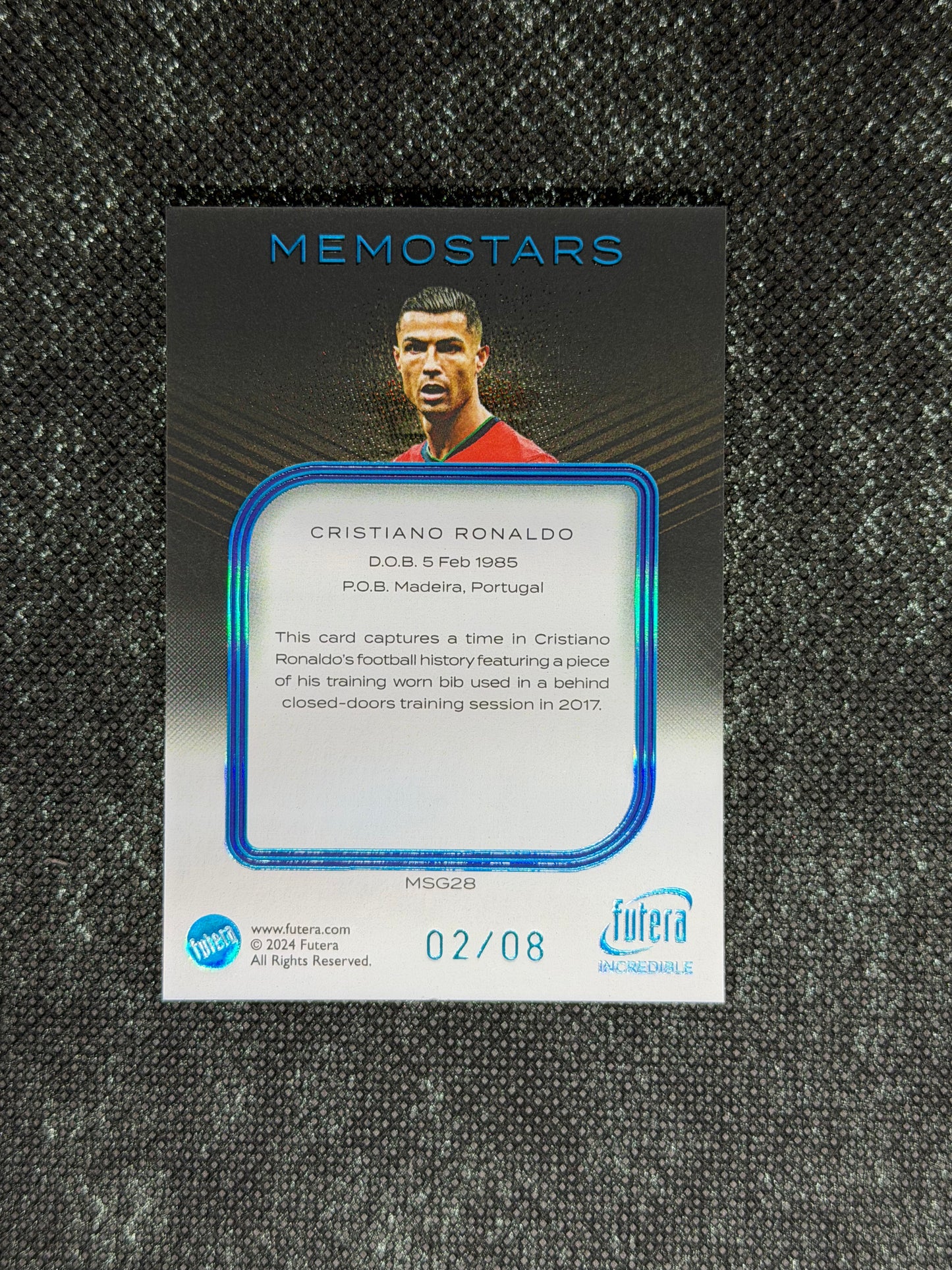 2024 Futera Incredible 23ct Gold Plated Frame Memostars Relic 02/08 - Cristiano Ronaldo