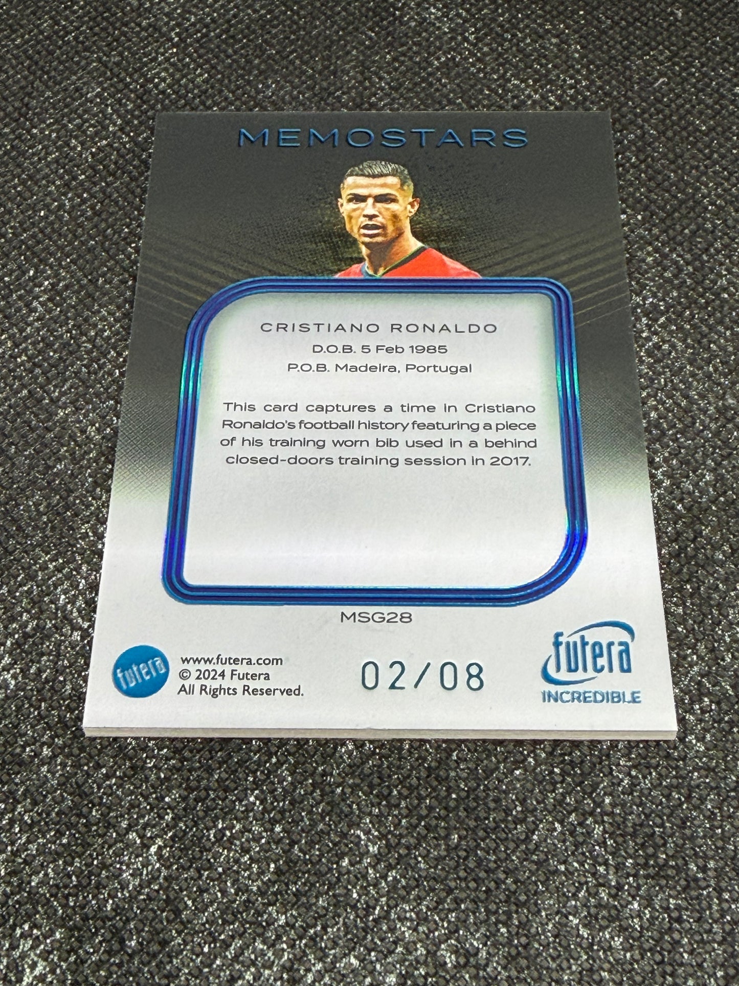 2024 Futera Incredible 23ct Gold Plated Frame Memostars Relic 02/08 - Cristiano Ronaldo