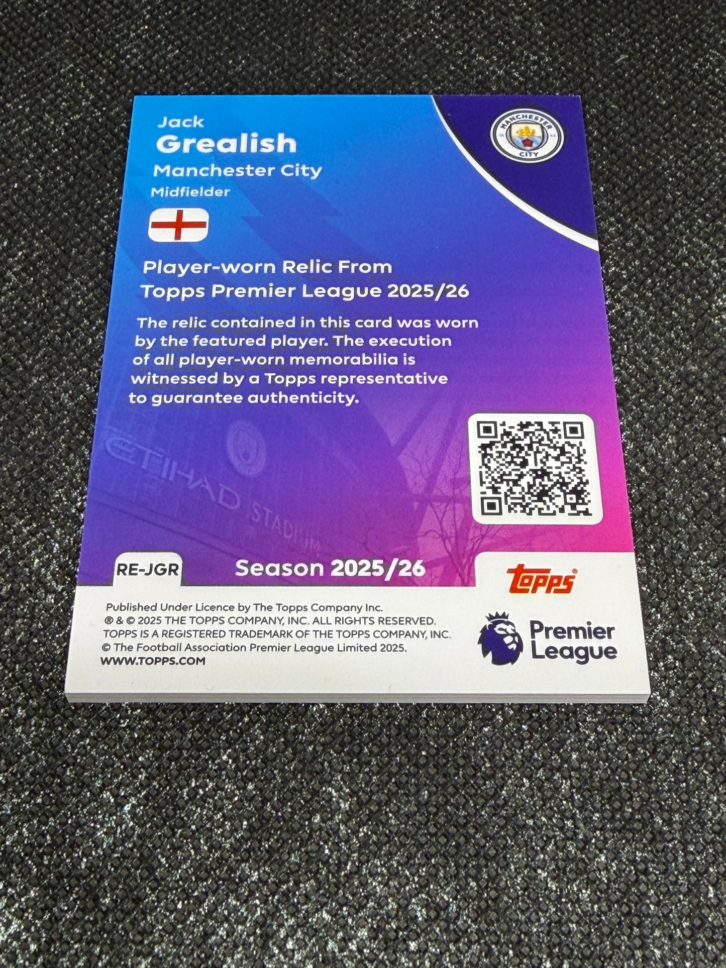 2025-26 Topps Premier League Soccer Premier Relics Base - Jack Grealish