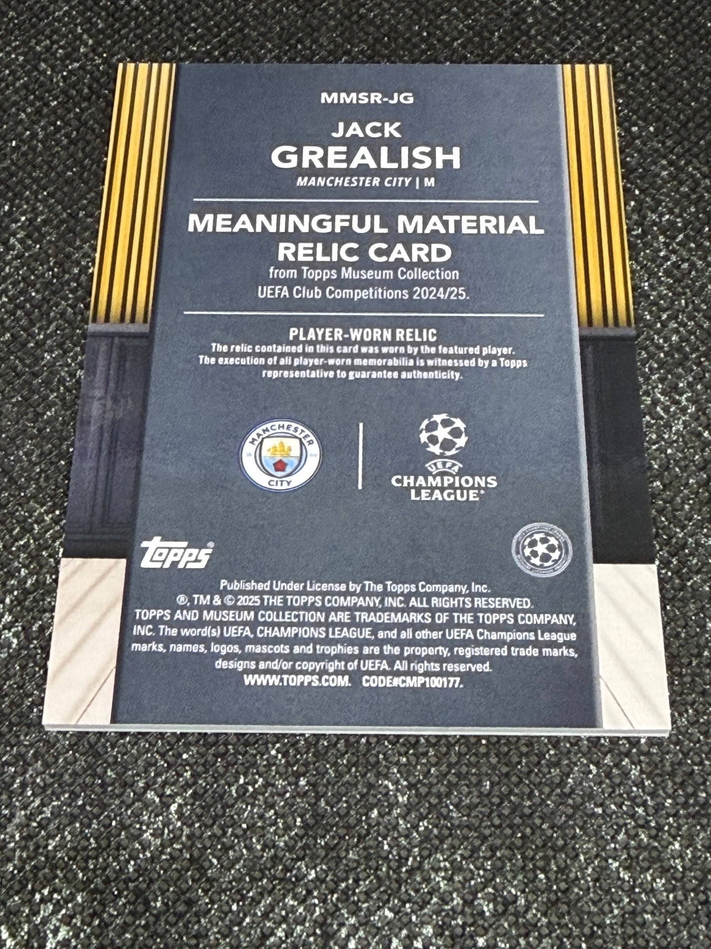 2024-25 Topps Museum Collection UEFA Club Competitions Meaningful Materials Relic Card 036/150 - Jack Grealish