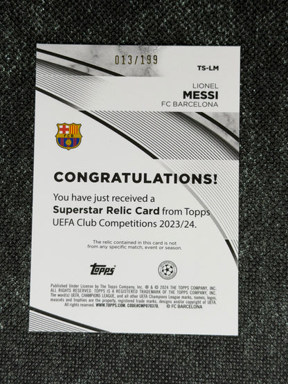 2023-24 Topps UEFA Club Competitions Supestar Relic Card 013/199 - Lionel Messi