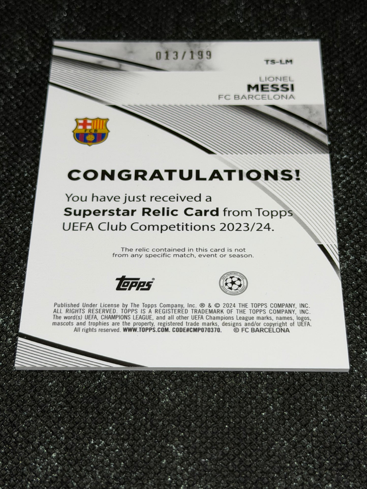 2023-24 Topps UEFA Club Competitions Supestar Relic Card 013/199 - Lionel Messi