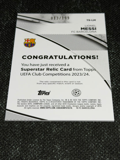 2023-24 Topps UEFA Club Competitions Supestar Relic Card 013/199 - Lionel Messi