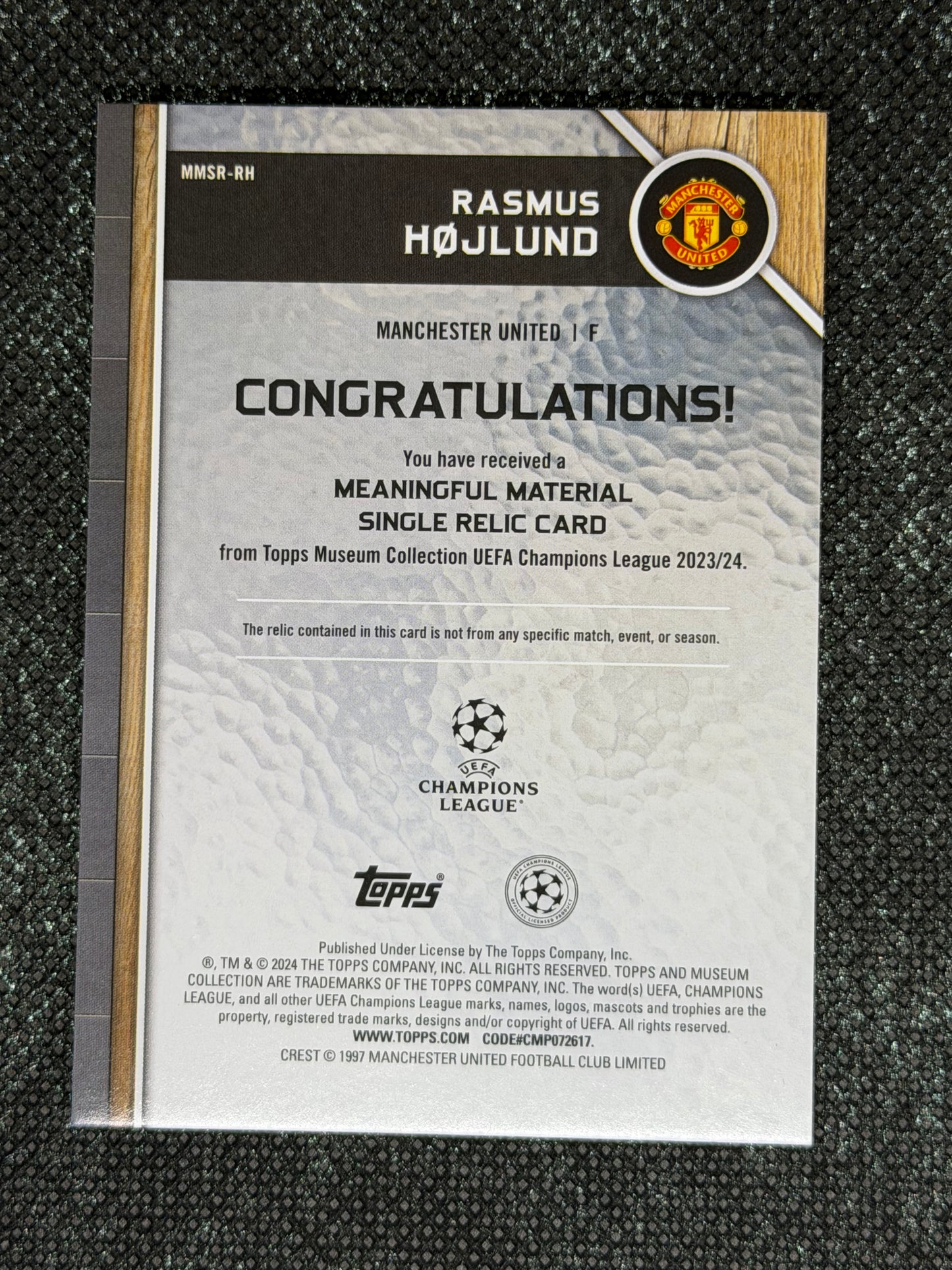 2024-25 Topps Museum Collection UEFA Club Competitions Meaningful Materials Relic Card 08/75 - Rasmus Hojlund