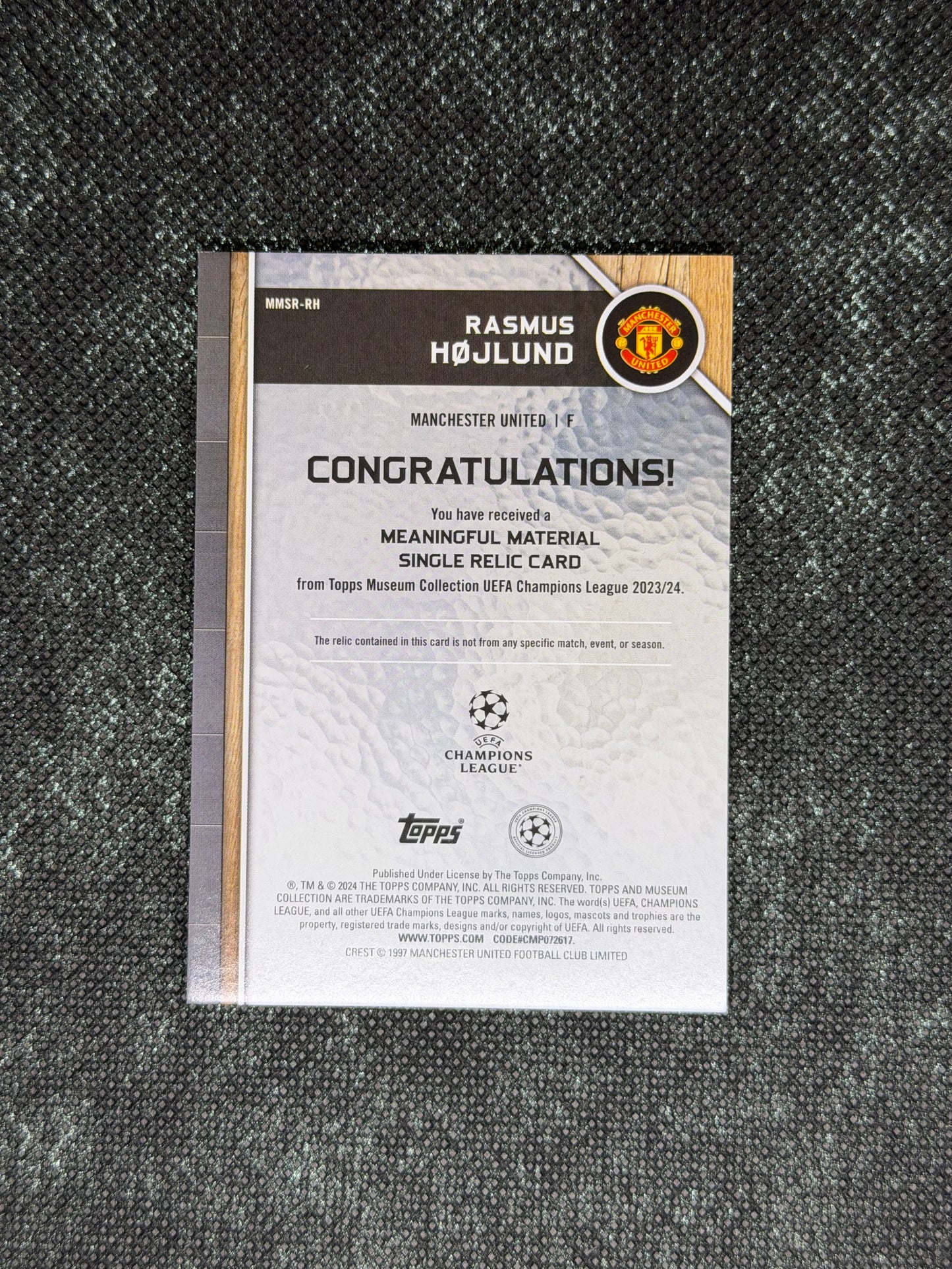 2024-25 Topps Museum Collection UEFA Club Competitions Meaningful Materials Relic Card 10/25- Rasmus Hojlund