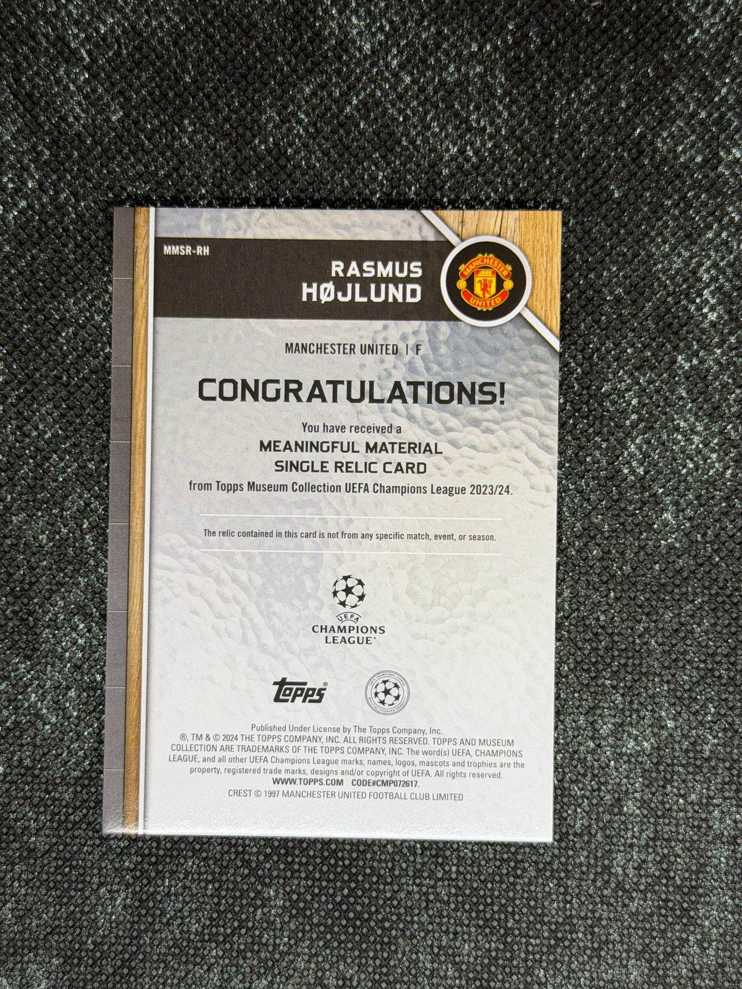 2024-25 Topps Museum Collection UEFA Club Competitions Meaningful Materials Relic Card 284/299 - Rasmus Hojlund
