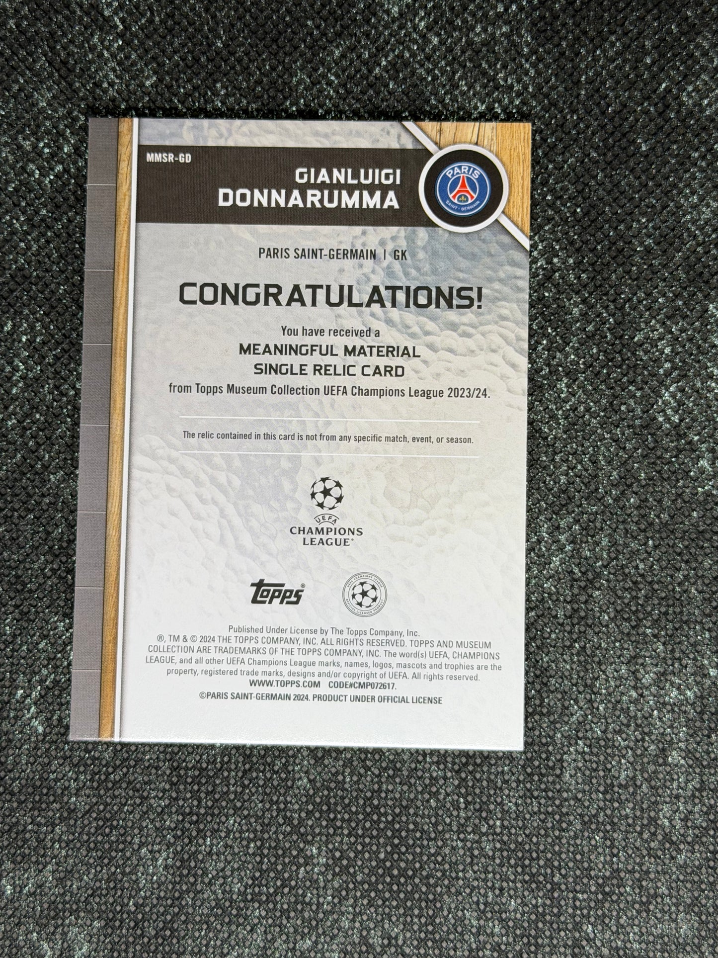 2024-25 Topps Museum Collection UEFA Club Competitions Meaningful Material Relic Card 153/199 - Gianluigi Donnarumma
