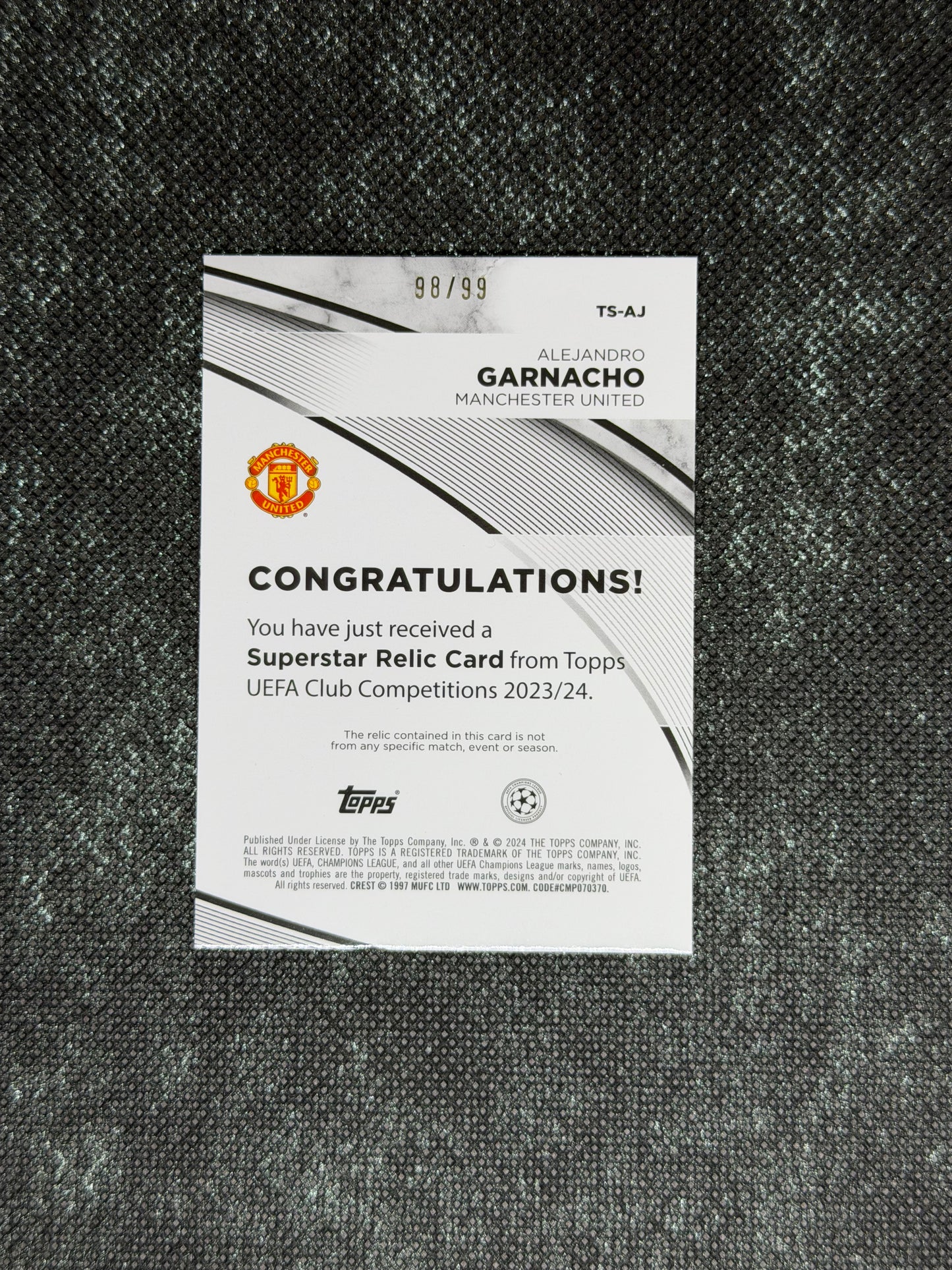 2023-24 Topps UEFA Club Competitions Supestar Relic Card 98/99 - Alejandro Garnacho