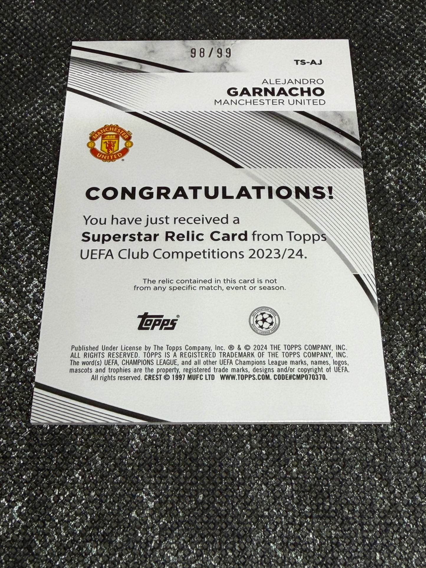 2023-24 Topps UEFA Club Competitions Supestar Relic Card 98/99 - Alejandro Garnacho