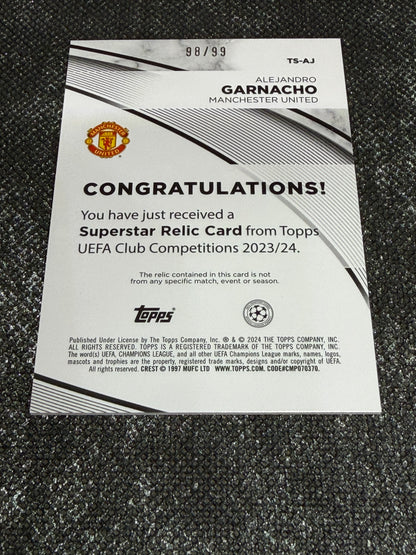 2023-24 Topps UEFA Club Competitions Supestar Relic Card 98/99 - Alejandro Garnacho