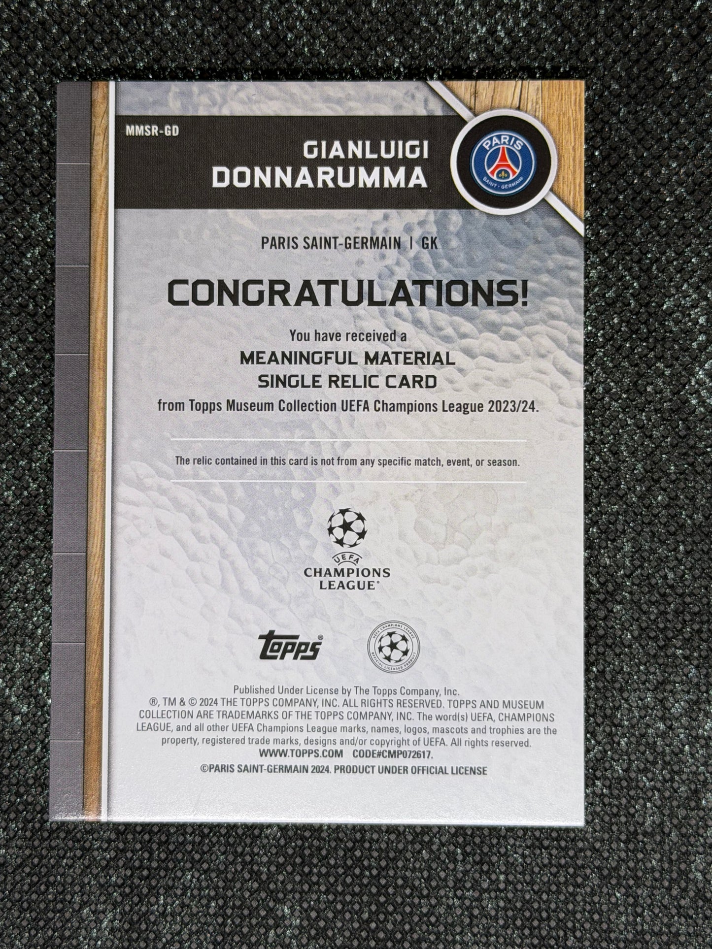 2024-25 Topps Museum Collection UEFA Club Competitions Meaningful Material Relic Card 29/50 - Gianluigi Donnarumma