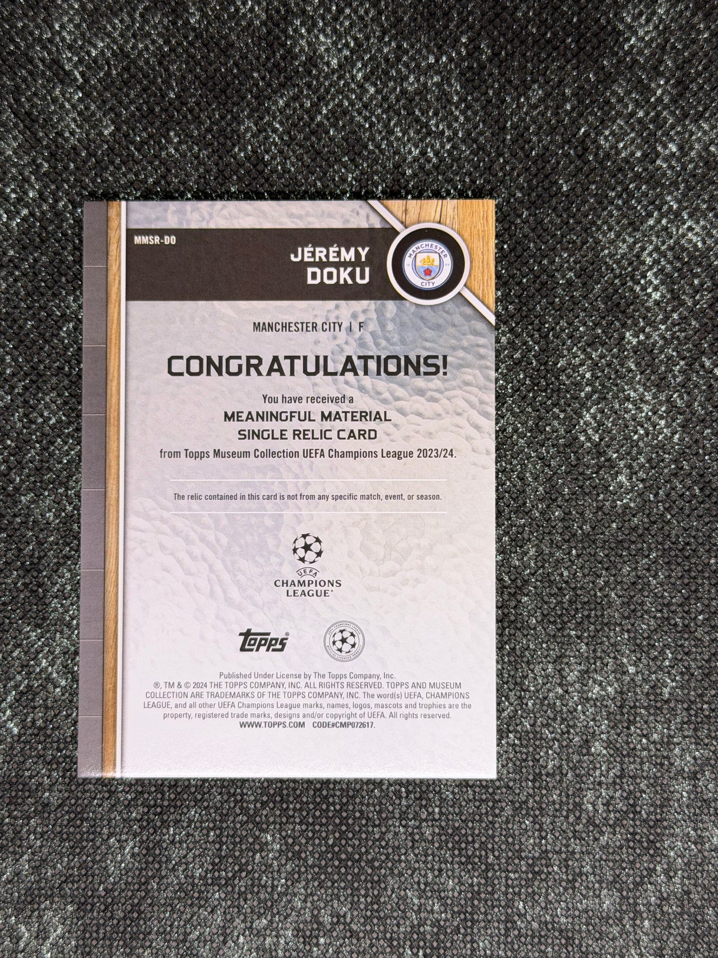 2024-25 Topps Museum Collection UEFA Club Competitions Meaningful Materials Relic Card 58/99 - Jeremy Doku