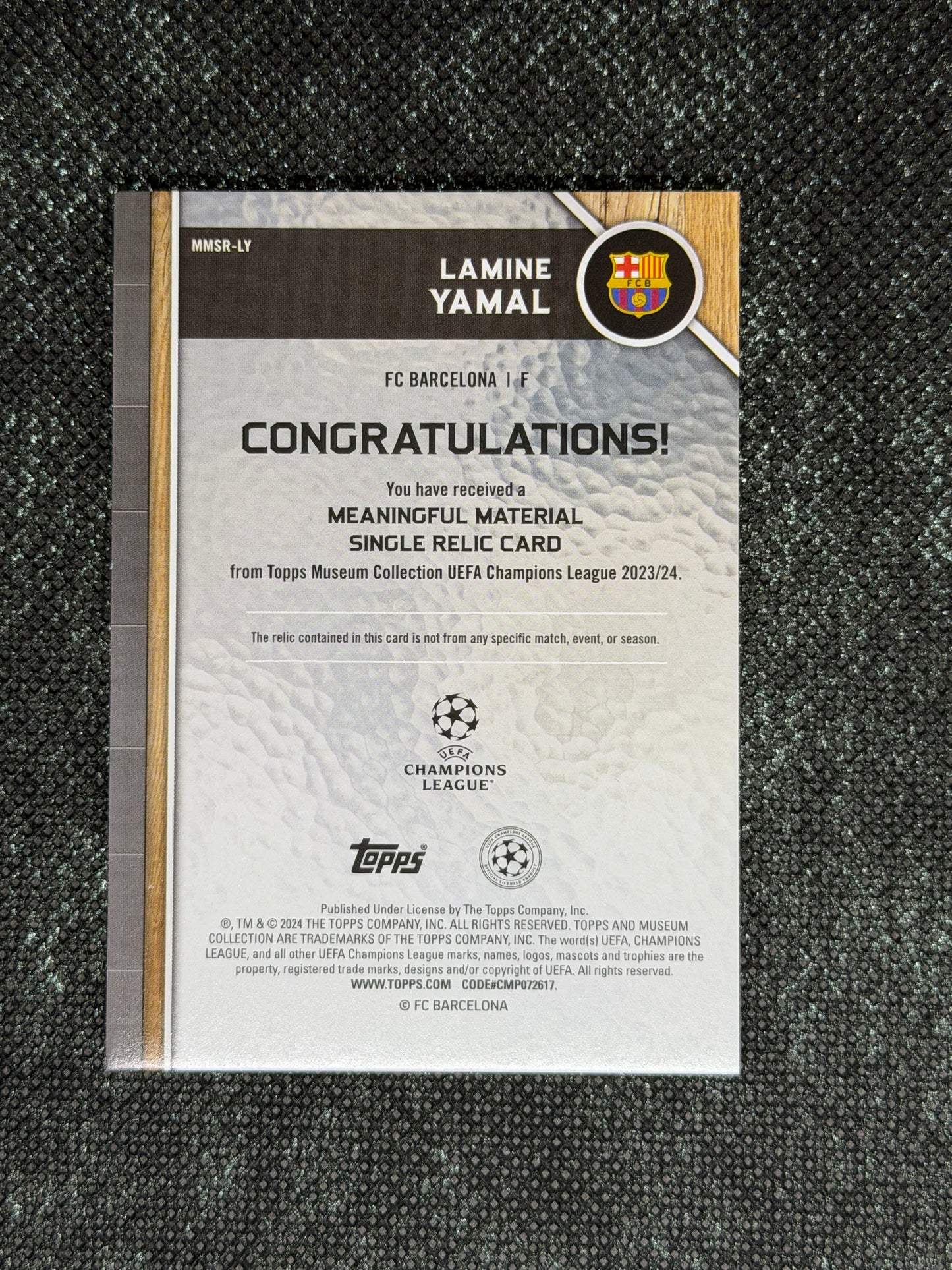 2023-24 Topps Museum Collection UEFA Champions League Meaningful Materials Single Relic Card RC 014/150 - Lamine Yamal