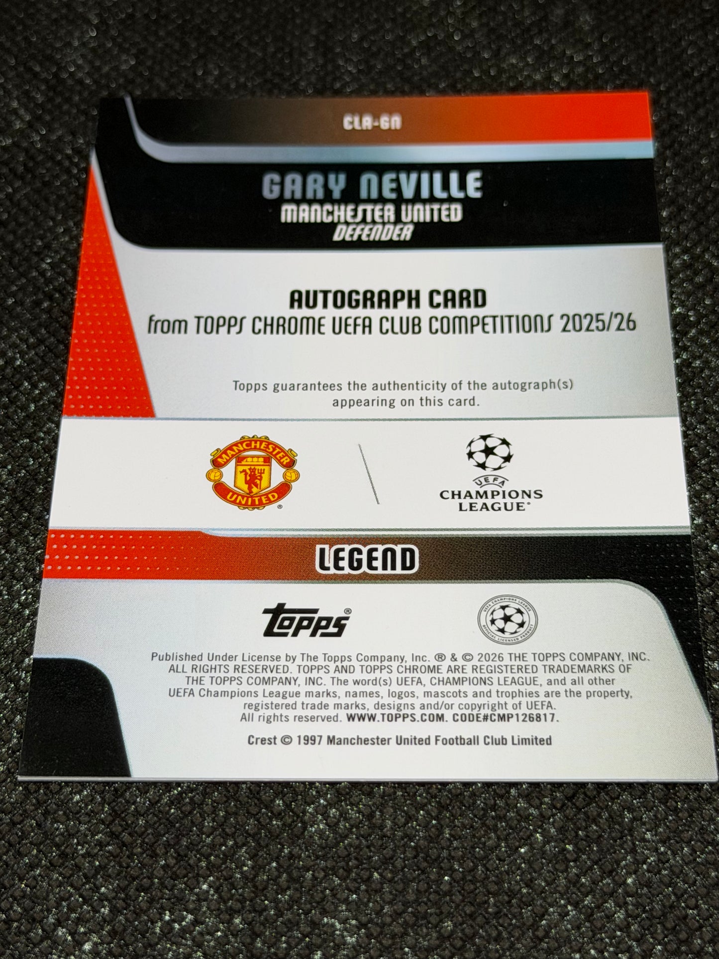 2025-26 Topps Chrome UEFA Club Competitions Green Autograph 23/99 - Gary Neville