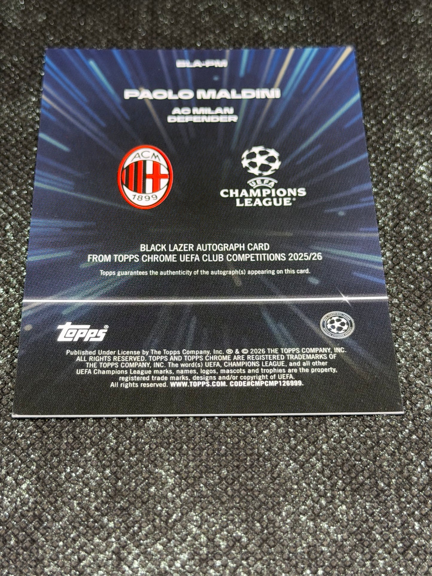 2025-26 Topps Chrome UEFA Club Competitions Black Lazer Autograph Card - Paolo Maldini
