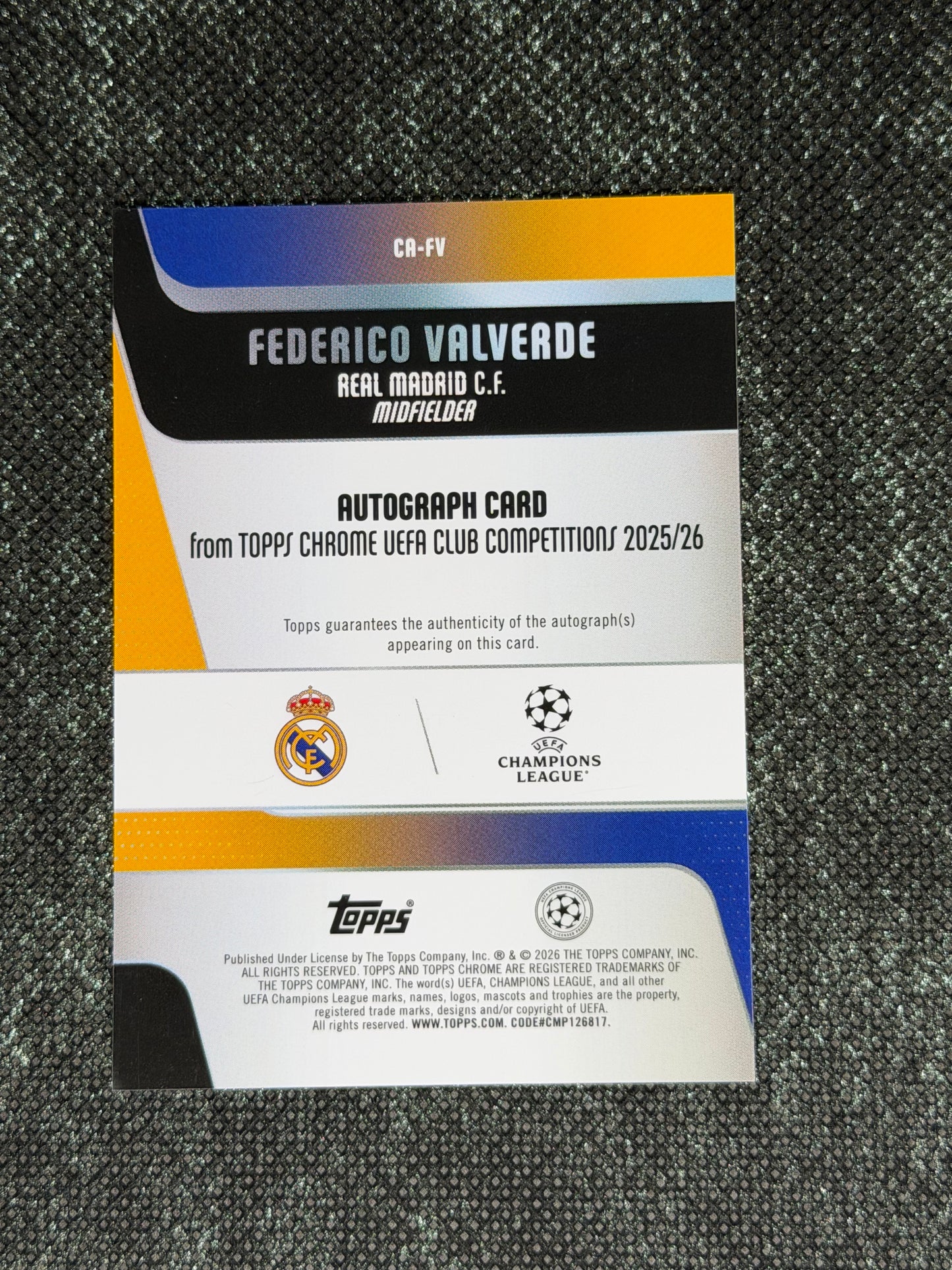 2025-26 Topps Chrome UEFA Club Competitions Autograph Card Orange 20/25- Frederico Valverde