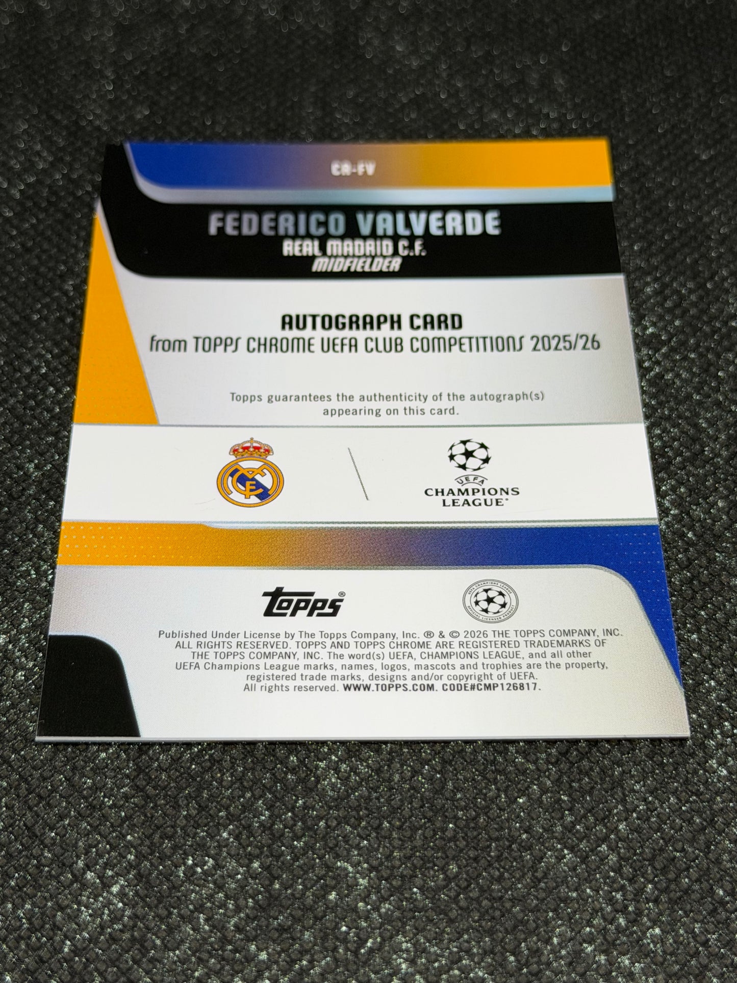 2025-26 Topps Chrome UEFA Club Competitions Autograph Card Orange 20/25- Frederico Valverde