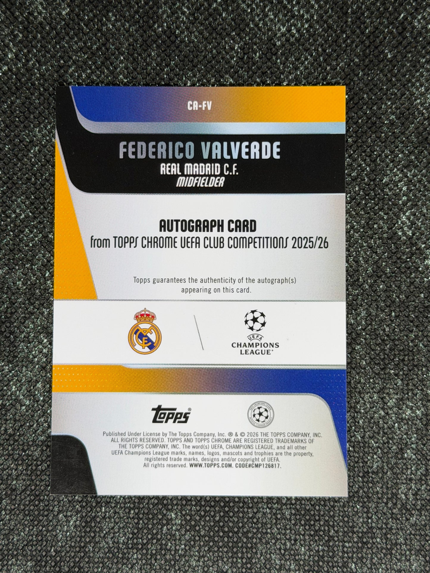 2025-26 Topps Chrome UEFA Club Competitions Autograph Card Blue 28/75 - Frederico Valverde