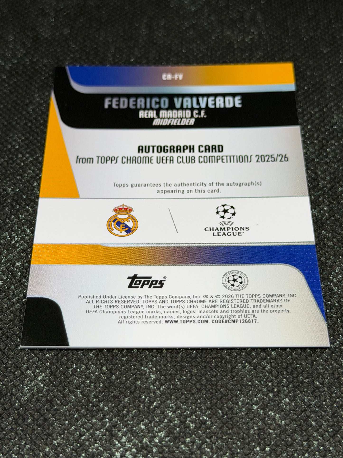 2025-26 Topps Chrome UEFA Club Competitions Autograph Card Blue 28/75 - Frederico Valverde